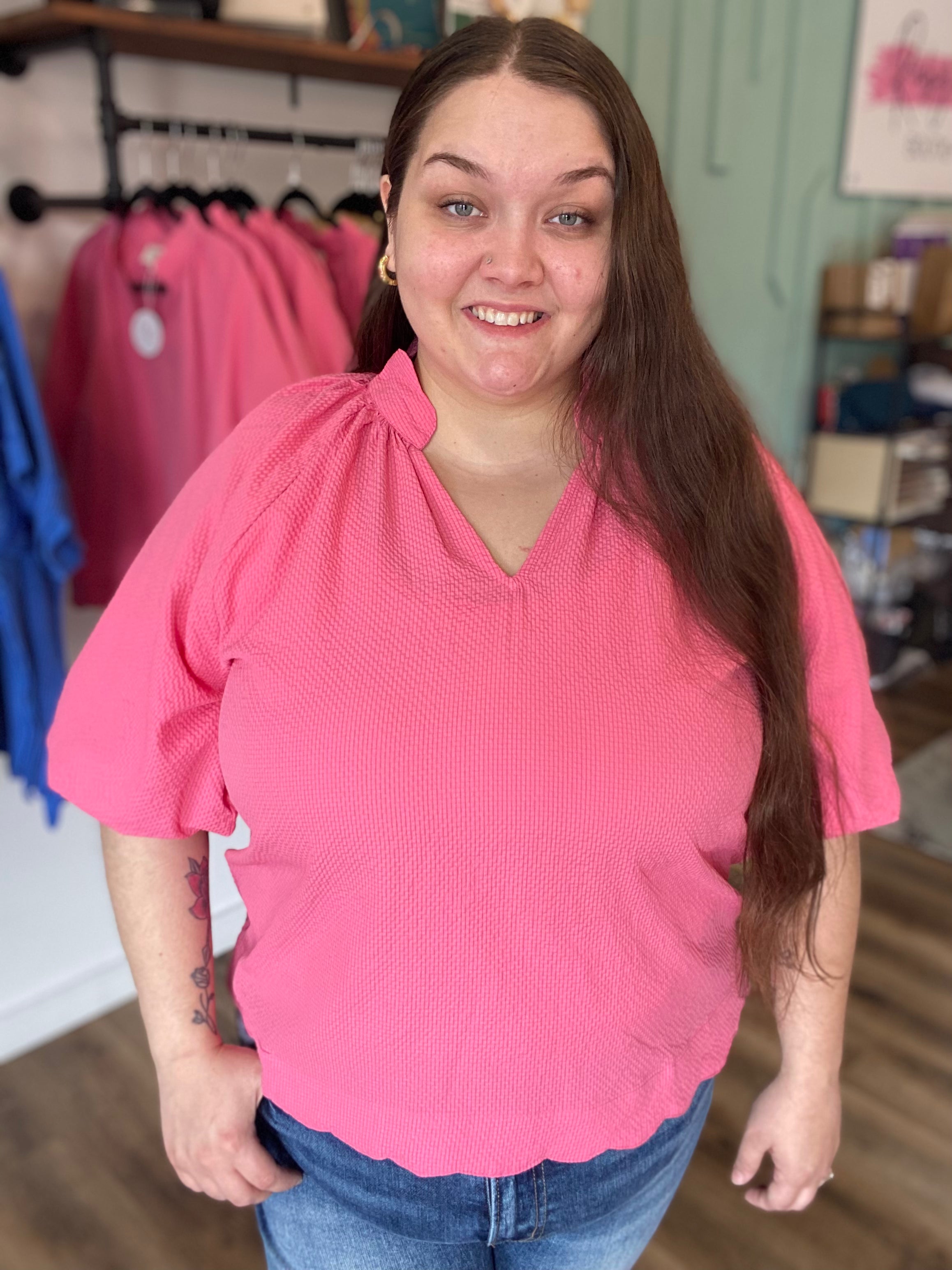 Shop Bubble Sleeved Scalloped Hem Top - Peony- at Ruby Joy Boutique, a Women's Clothing Store in Pickerington, Ohio