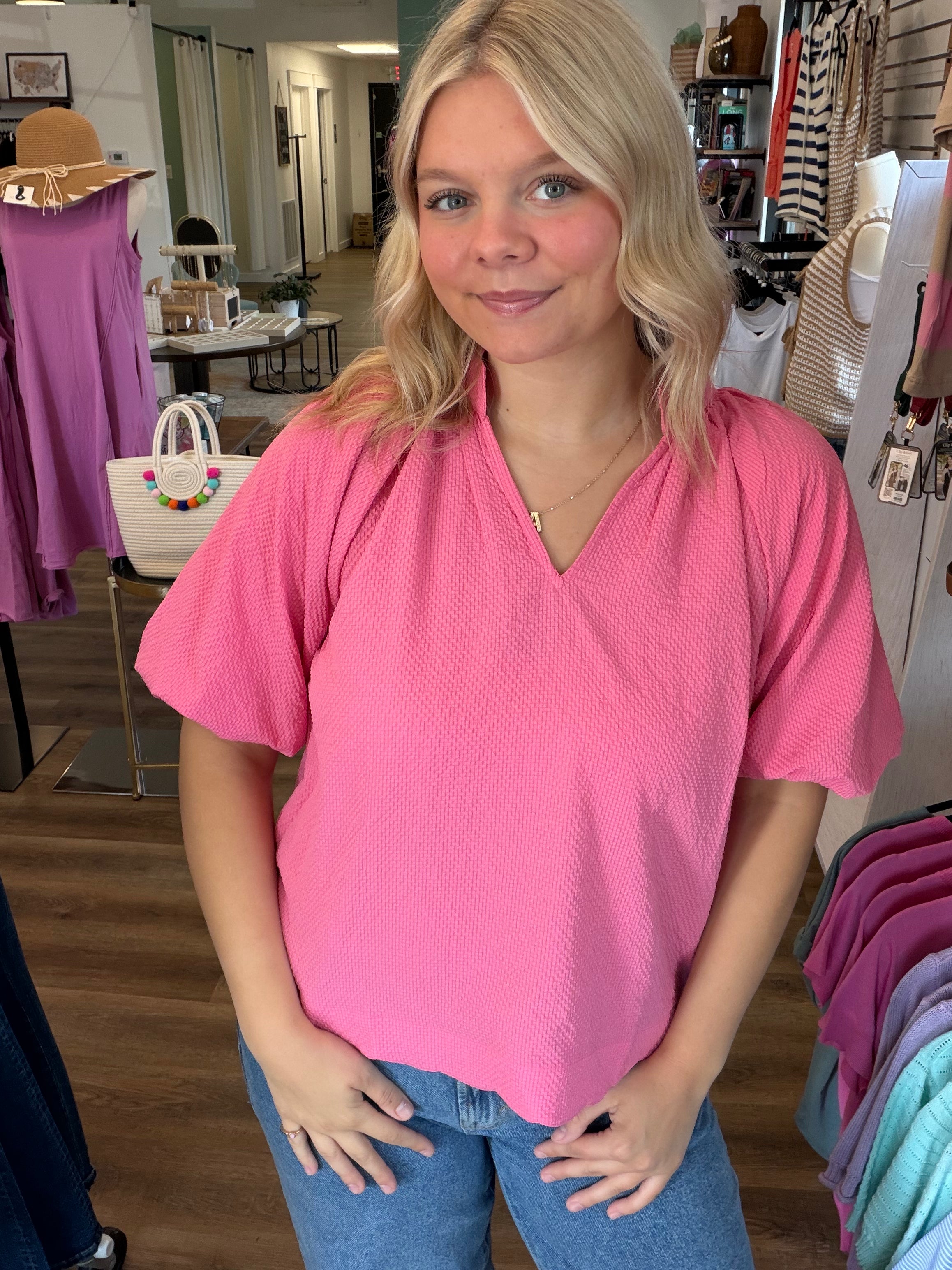 Shop Bubble Sleeved Scalloped Hem Top - Peony- at Ruby Joy Boutique, a Women's Clothing Store in Pickerington, Ohio