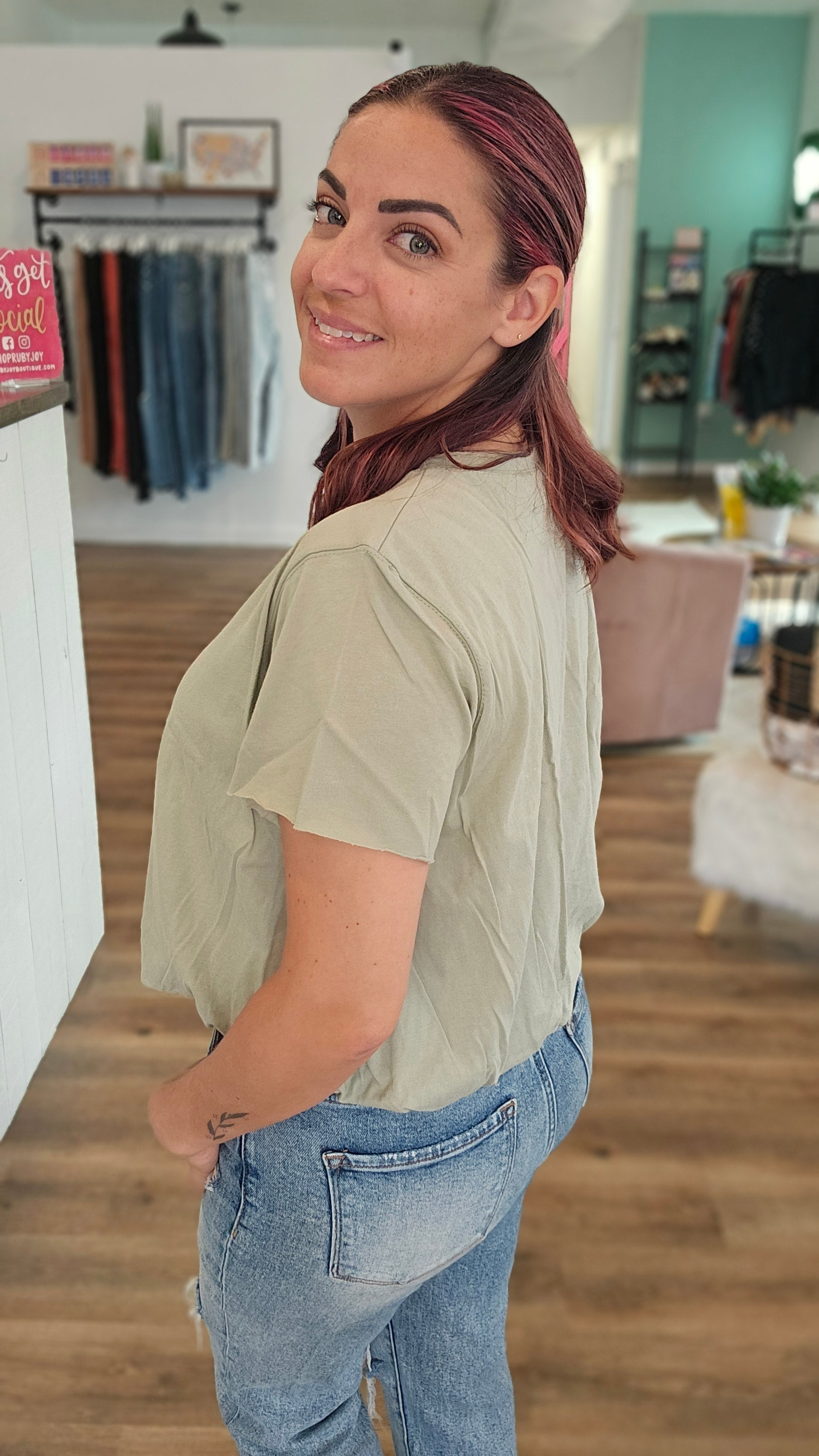 Shop Bubble Tee - Sage-Short Sleeve Top at Ruby Joy Boutique, a Women's Clothing Store in Pickerington, Ohio
