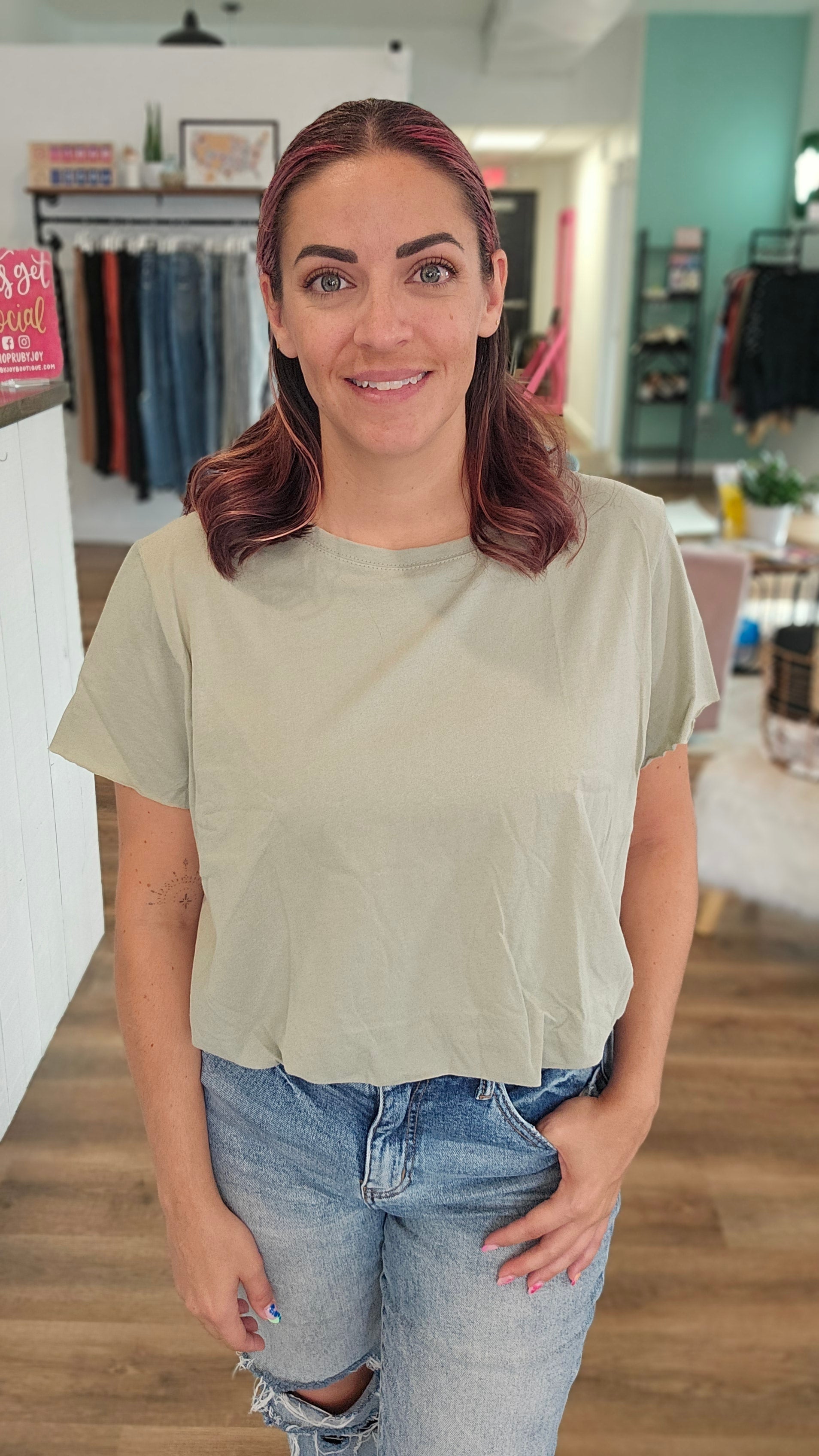 Shop Bubble Tee - Sage-Short Sleeve Top at Ruby Joy Boutique, a Women's Clothing Store in Pickerington, Ohio