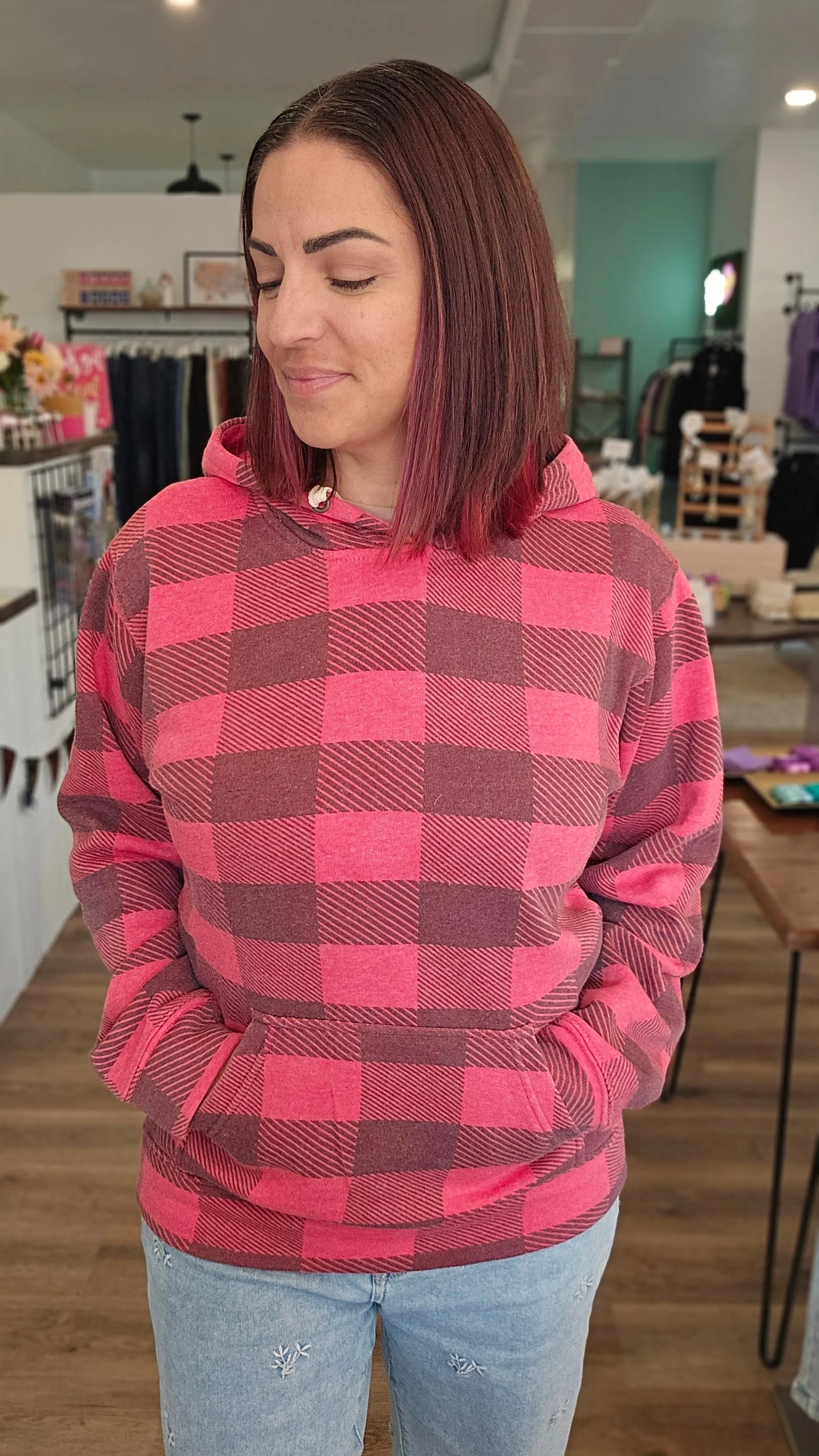 Shop Buffalo Plaid Hoodie- at Ruby Joy Boutique, a Women's Clothing Store in Pickerington, Ohio