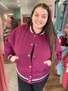 Shop Burgundy Varsity Bomber Jacket-Jacket at Ruby Joy Boutique, a Women's Clothing Store in Pickerington, Ohio