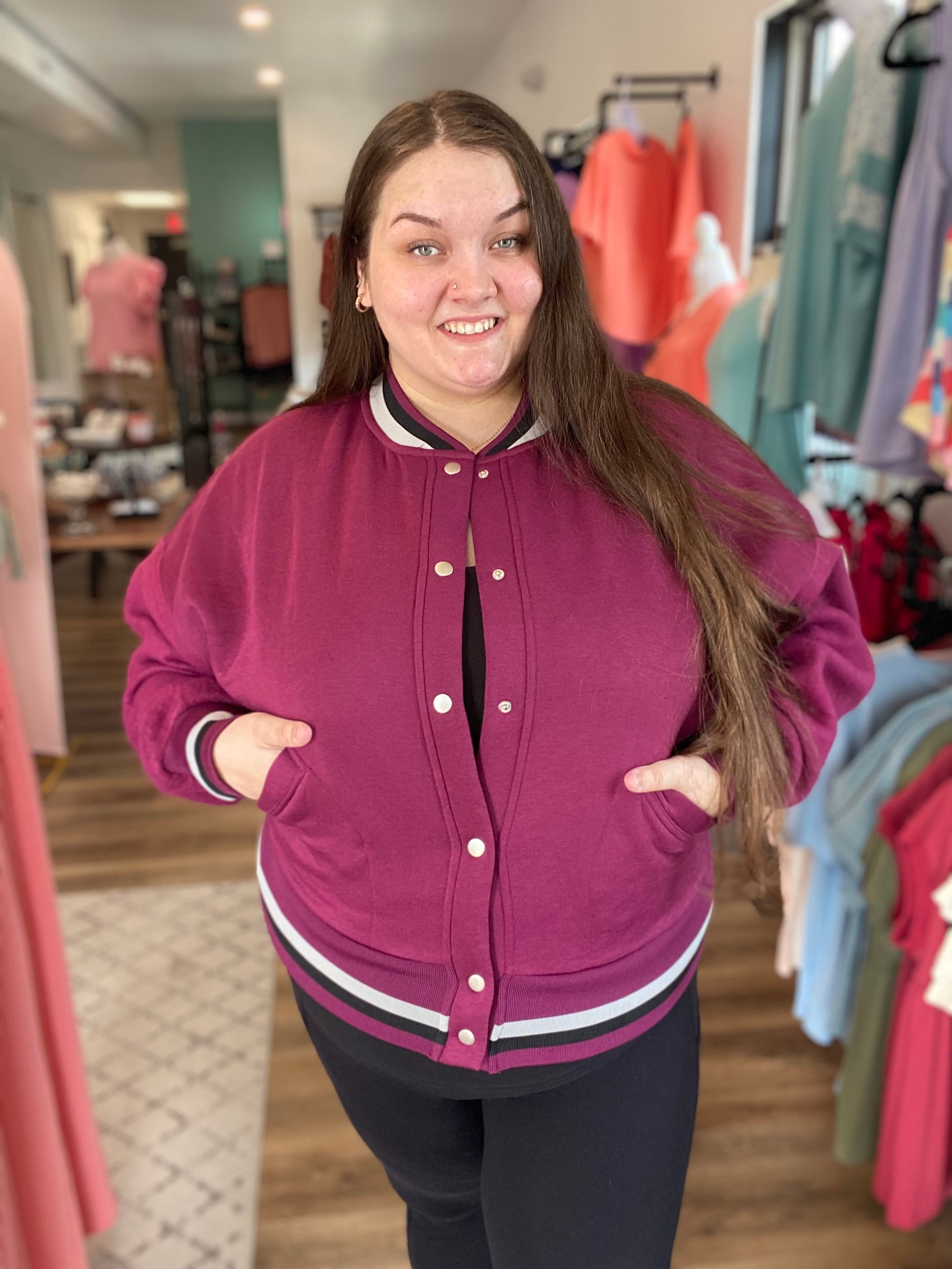 Shop Burgundy Varsity Bomber Jacket-Jacket at Ruby Joy Boutique, a Women's Clothing Store in Pickerington, Ohio