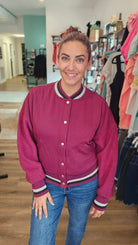 Shop Burgundy Varsity Bomber Jacket-Jacket at Ruby Joy Boutique, a Women's Clothing Store in Pickerington, Ohio