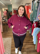 Shop Burgundy Varsity Bomber Jacket-Jacket at Ruby Joy Boutique, a Women's Clothing Store in Pickerington, Ohio