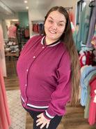 Shop Burgundy Varsity Bomber Jacket-Jacket at Ruby Joy Boutique, a Women's Clothing Store in Pickerington, Ohio