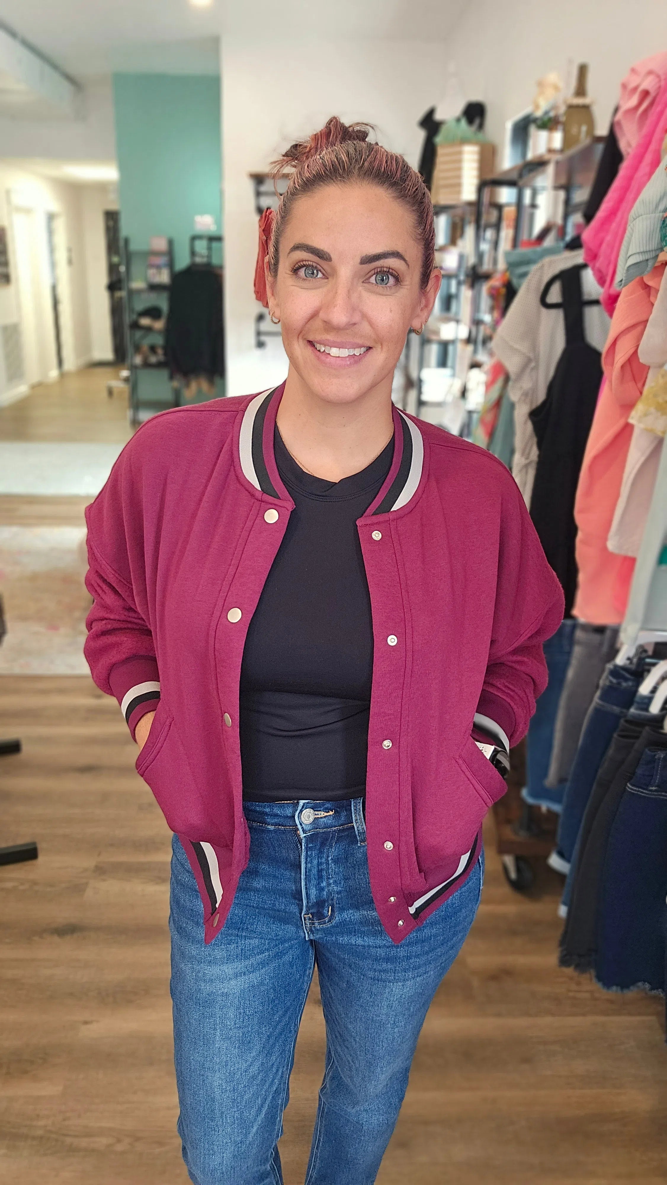 Shop Burgundy Varsity Bomber Jacket-Jacket at Ruby Joy Boutique, a Women's Clothing Store in Pickerington, Ohio