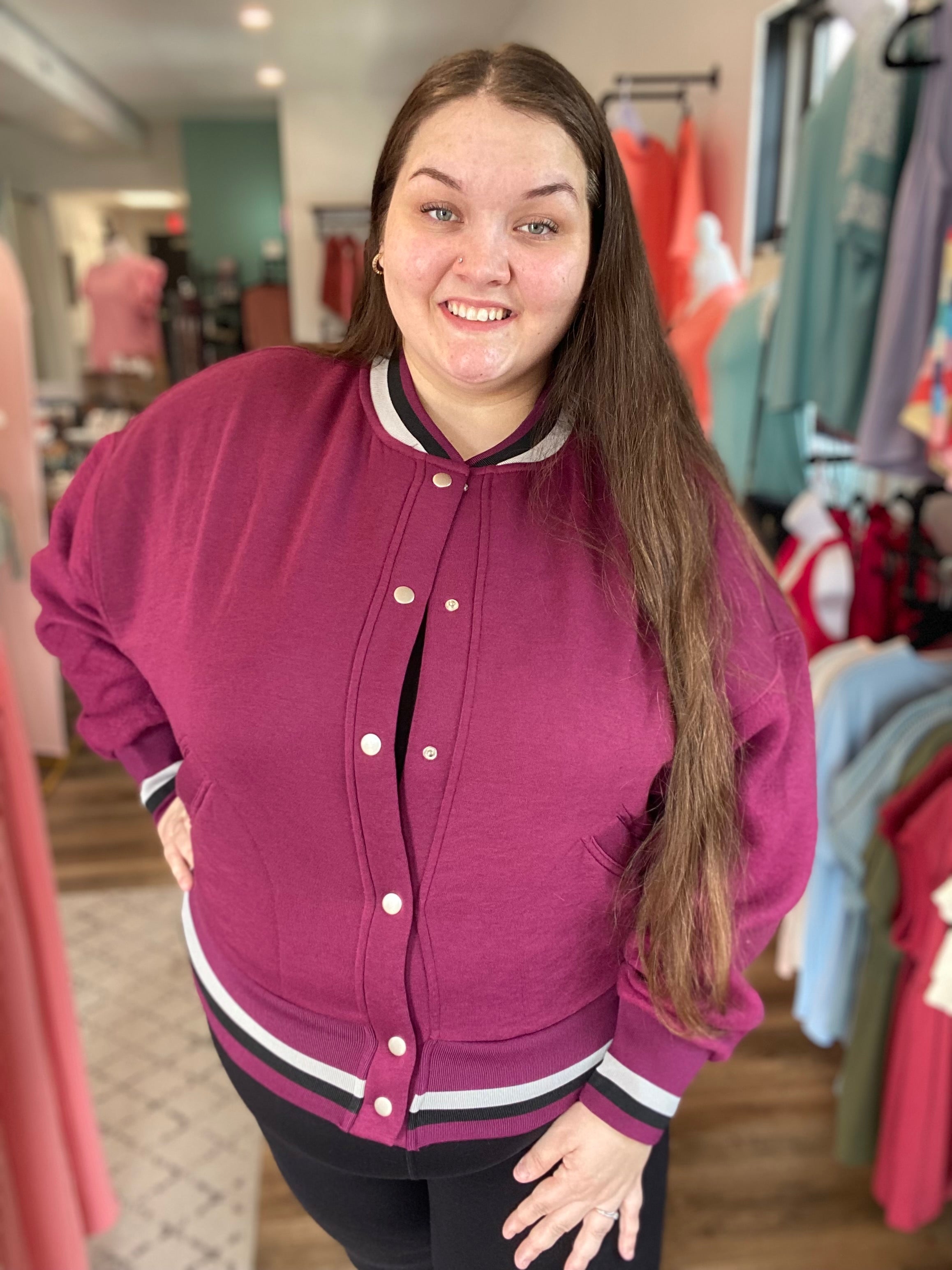 Shop Burgundy Varsity Bomber Jacket-Jacket at Ruby Joy Boutique, a Women's Clothing Store in Pickerington, Ohio