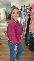 Shop Burgundy Varsity Bomber Jacket-Jacket at Ruby Joy Boutique, a Women's Clothing Store in Pickerington, Ohio