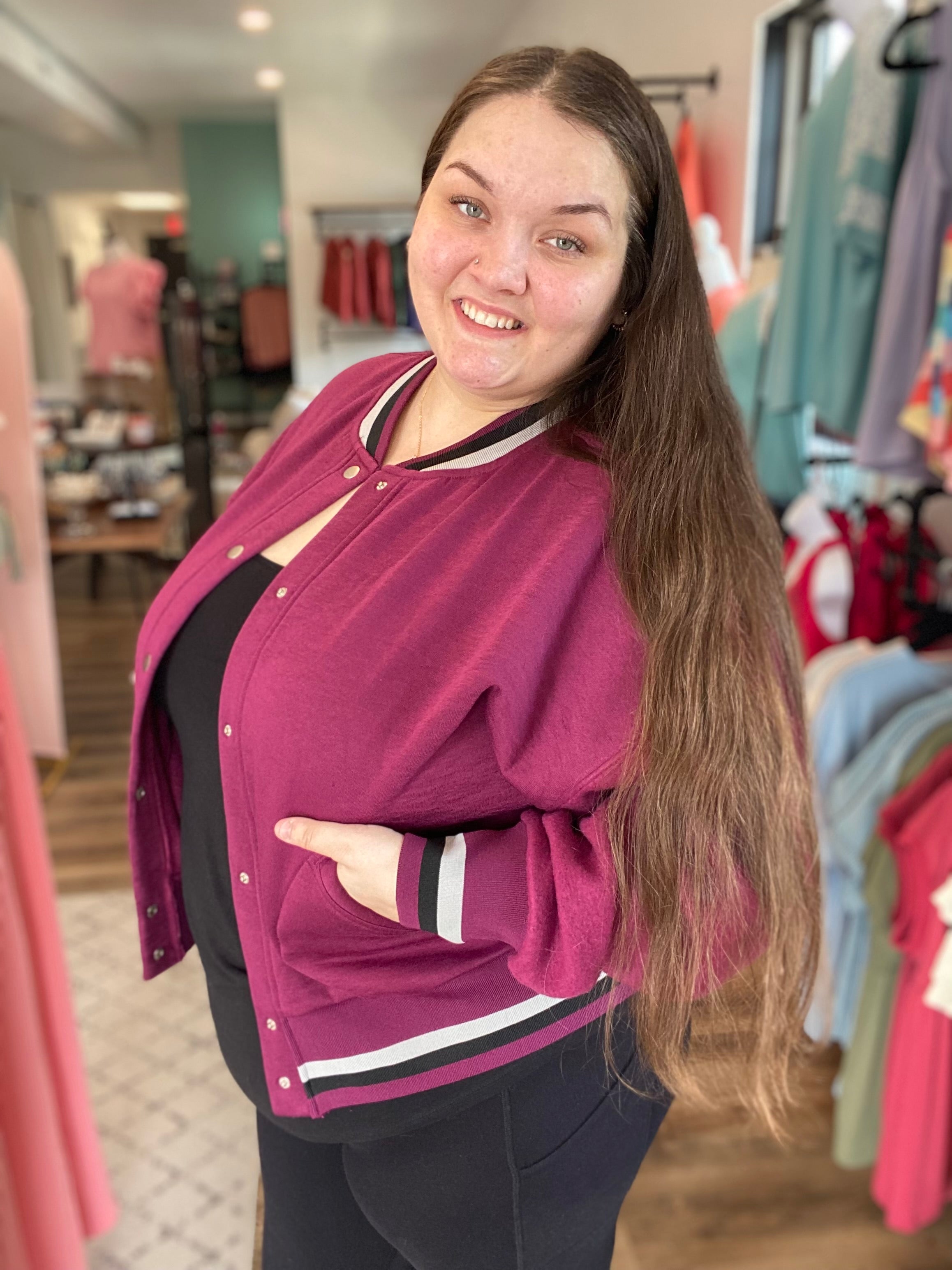 Shop Burgundy Varsity Bomber Jacket-Jacket at Ruby Joy Boutique, a Women's Clothing Store in Pickerington, Ohio