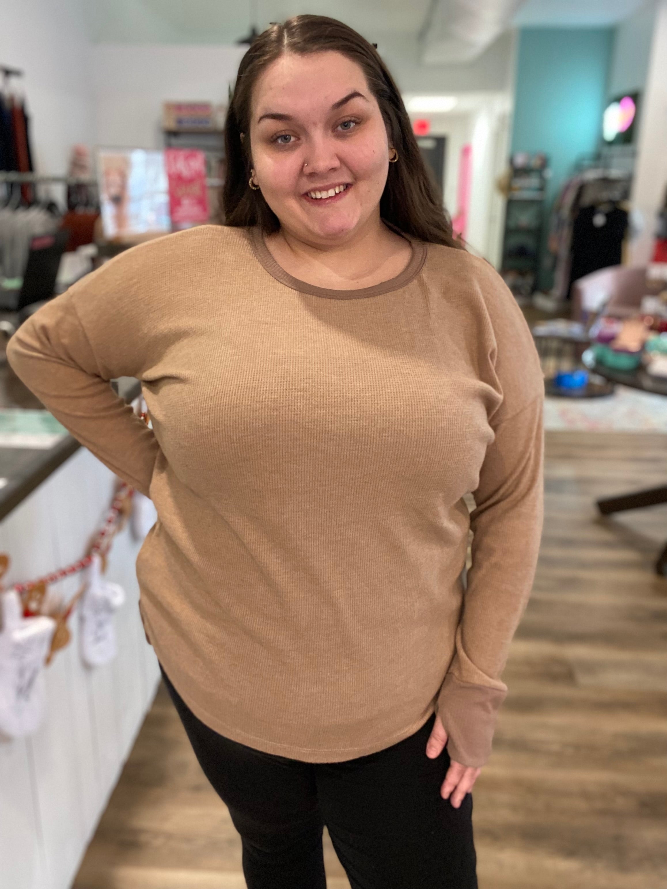Shop Calli Thermal Top with Thumbholes-Shirts & Tops at Ruby Joy Boutique, a Women's Clothing Store in Pickerington, Ohio