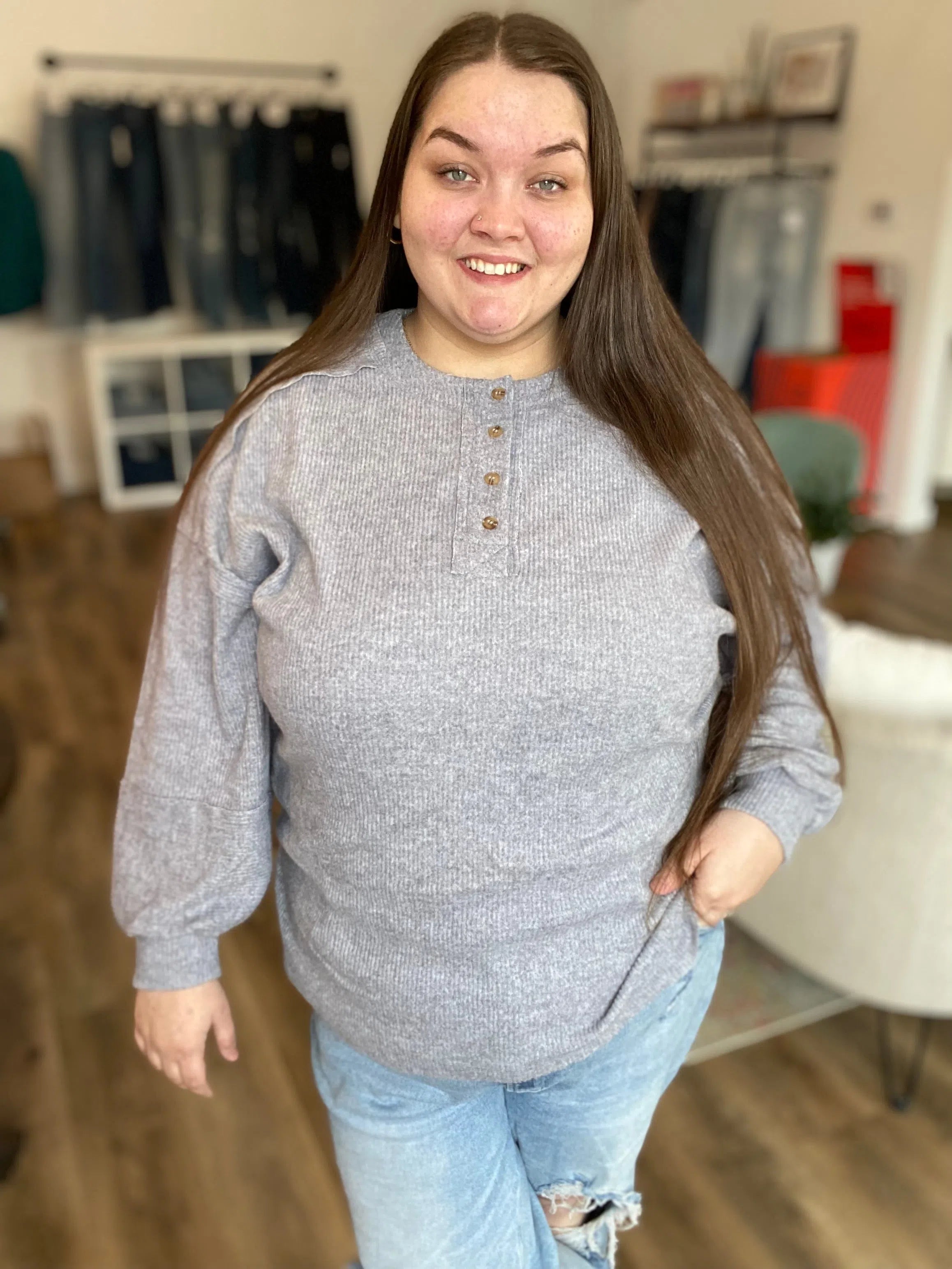 Shop Camden Ribbed Henley Top - Heather Gray-1XL/2XL at Ruby Joy Boutique, a Women's Clothing Store in Pickerington, Ohio