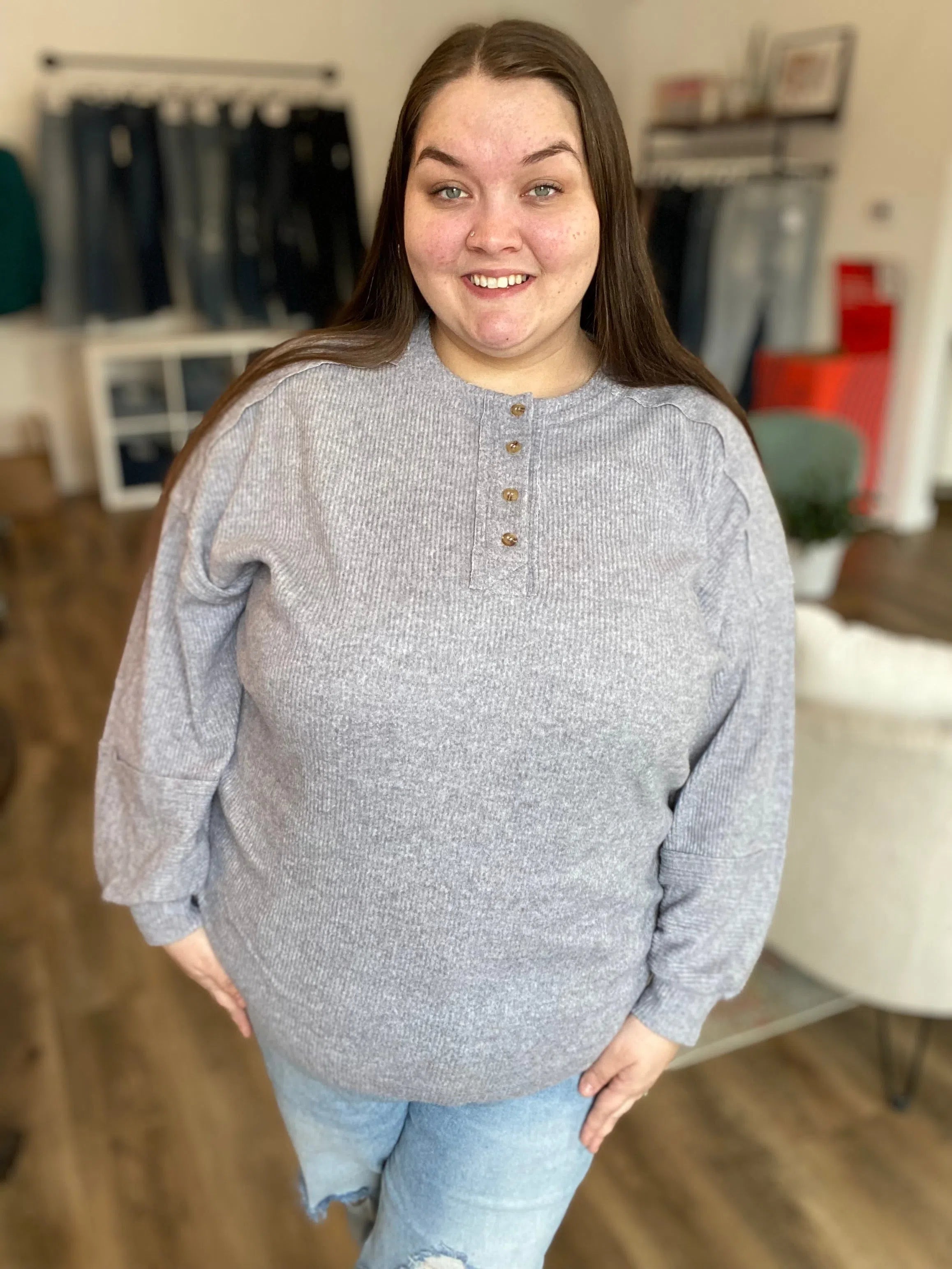 Shop Camden Ribbed Henley Top - Heather Gray- at Ruby Joy Boutique, a Women's Clothing Store in Pickerington, Ohio