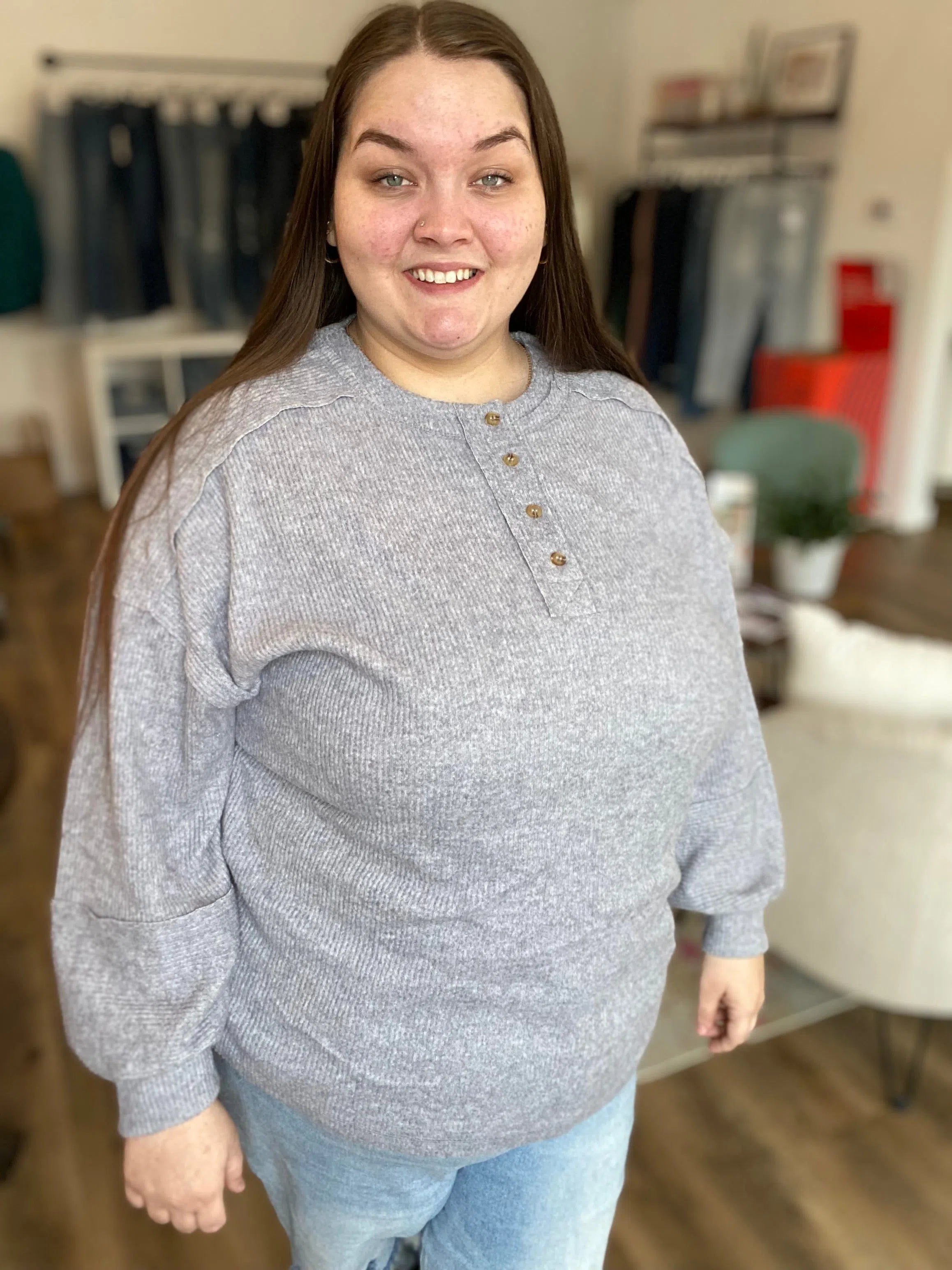 Shop Camden Ribbed Henley Top - Heather Gray- at Ruby Joy Boutique, a Women's Clothing Store in Pickerington, Ohio