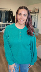 Shop Camden Ribbed Henley Top - Kelly Green- at Ruby Joy Boutique, a Women's Clothing Store in Pickerington, Ohio