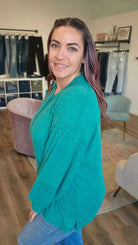 Shop Camden Ribbed Henley Top - Kelly Green- at Ruby Joy Boutique, a Women's Clothing Store in Pickerington, Ohio