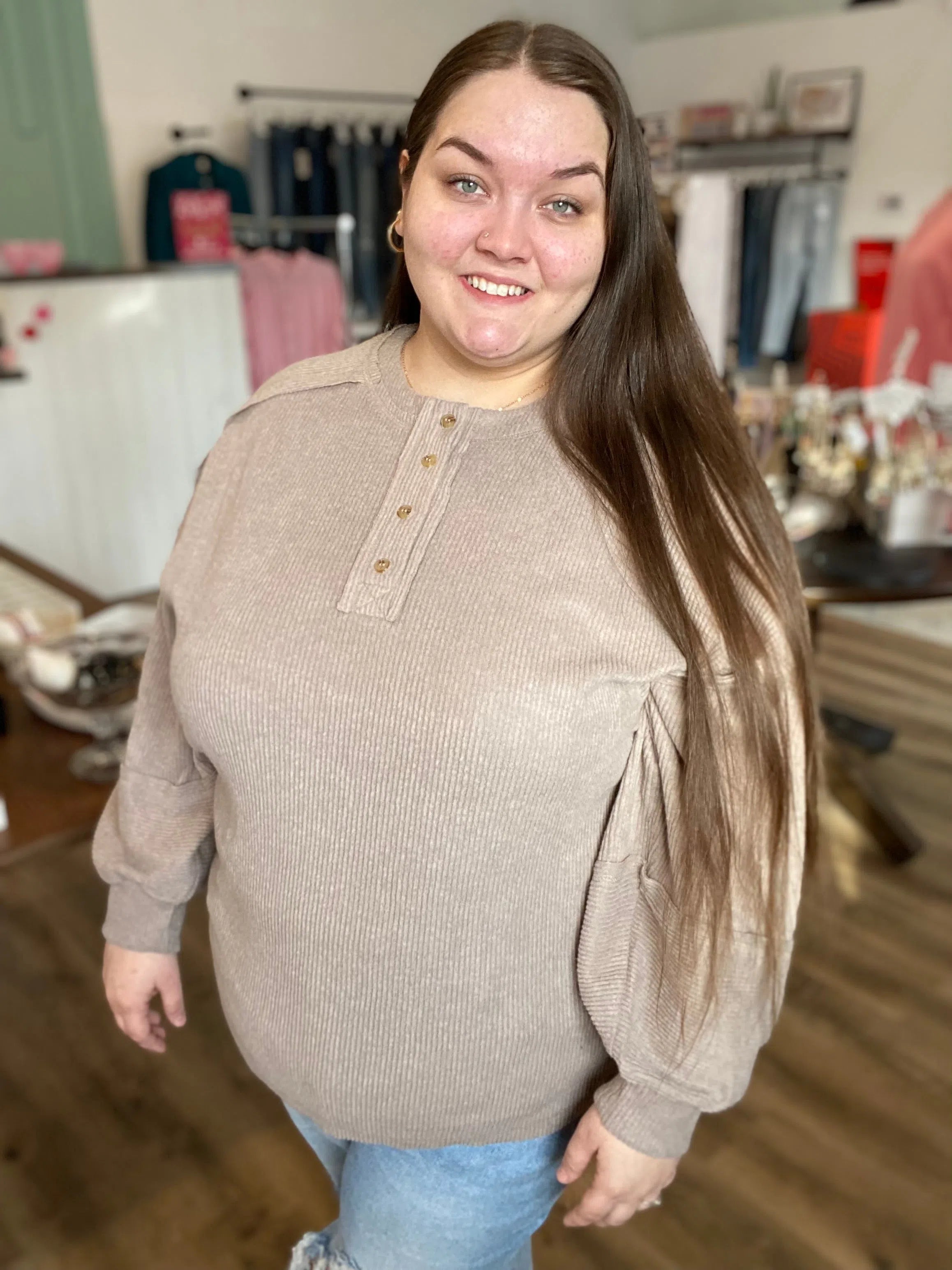 Shop Camden Ribbed Henley Top - Mocha-1XL/2XL at Ruby Joy Boutique, a Women's Clothing Store in Pickerington, Ohio