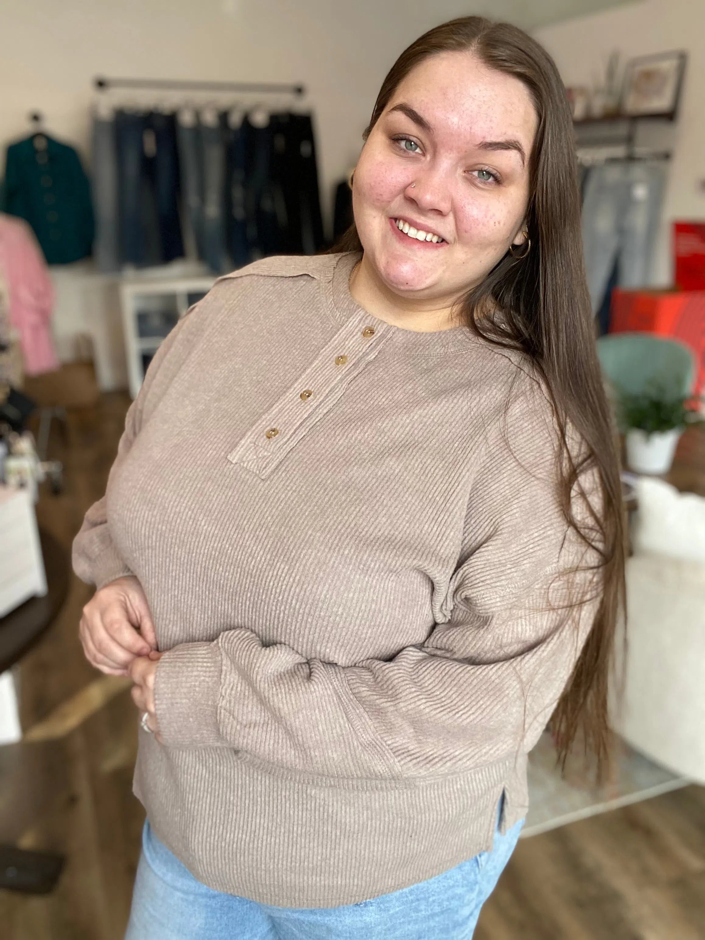 Shop Camden Ribbed Henley Top - Mocha- at Ruby Joy Boutique, a Women's Clothing Store in Pickerington, Ohio