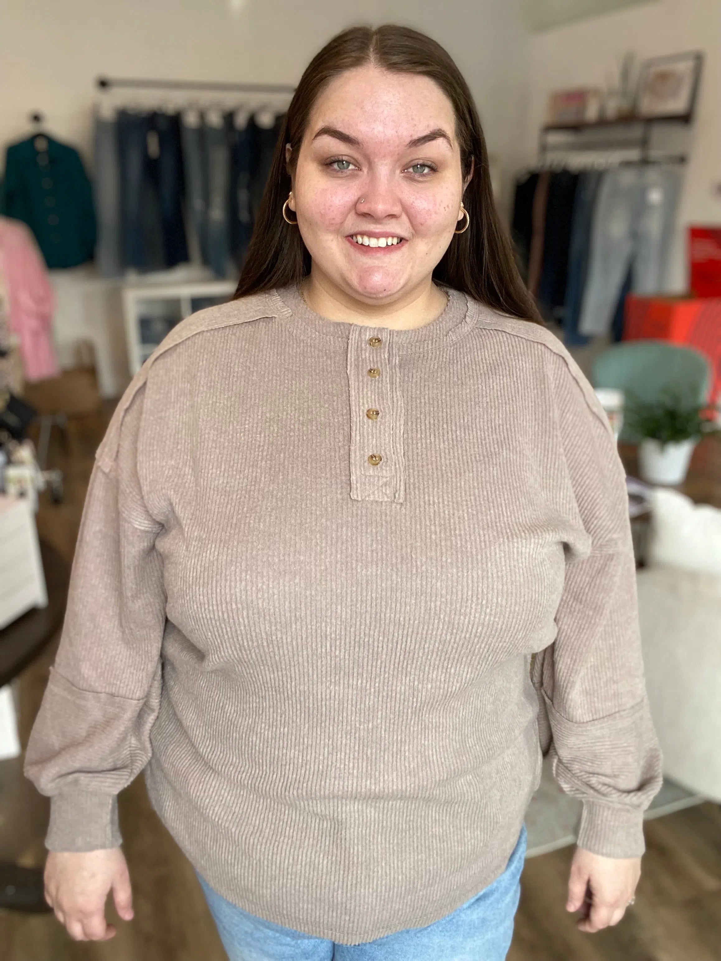 Shop Camden Ribbed Henley Top - Mocha- at Ruby Joy Boutique, a Women's Clothing Store in Pickerington, Ohio