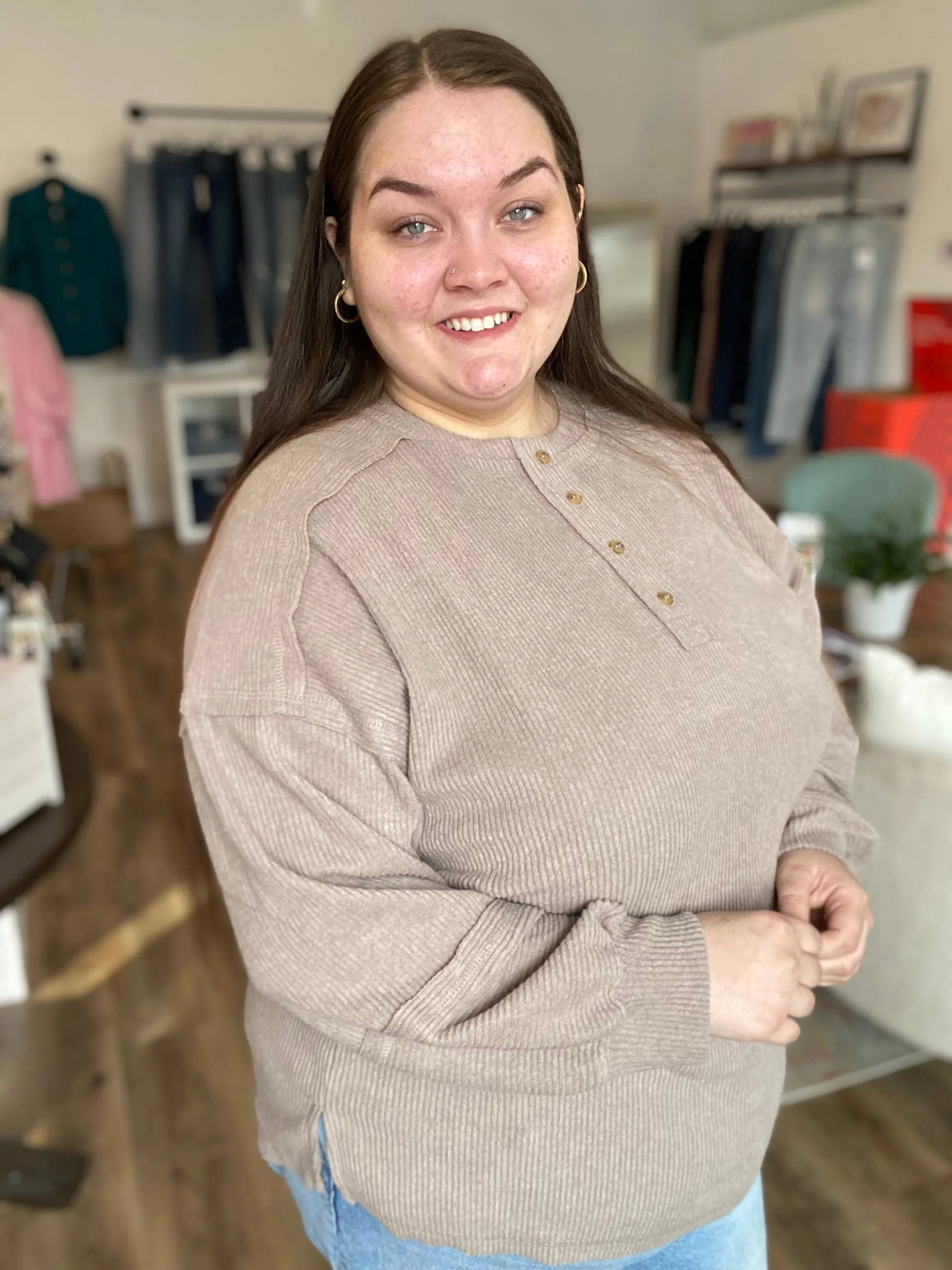 Shop Camden Ribbed Henley Top - Mocha- at Ruby Joy Boutique, a Women's Clothing Store in Pickerington, Ohio