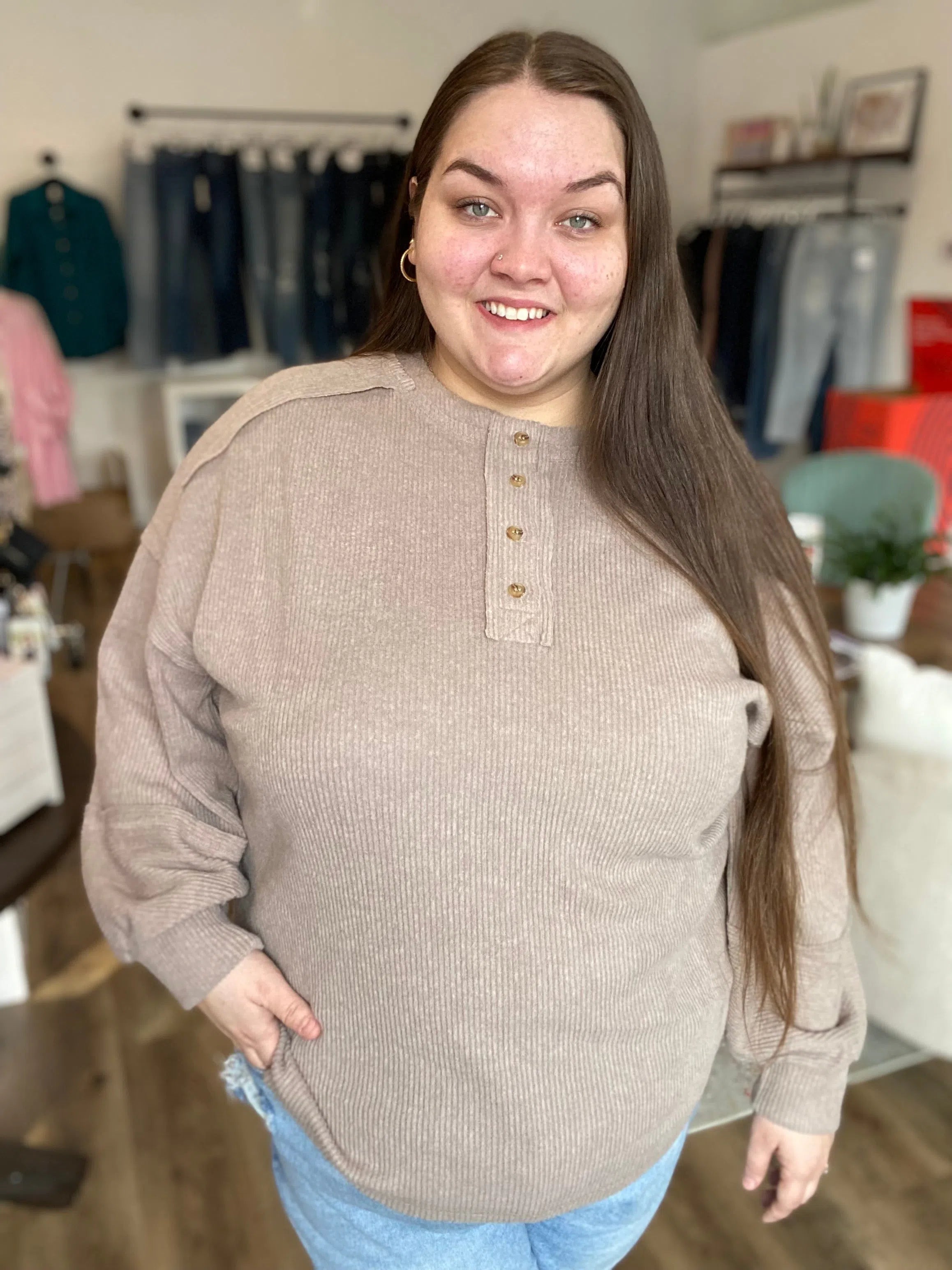 Shop Camden Ribbed Henley Top - Mocha- at Ruby Joy Boutique, a Women's Clothing Store in Pickerington, Ohio