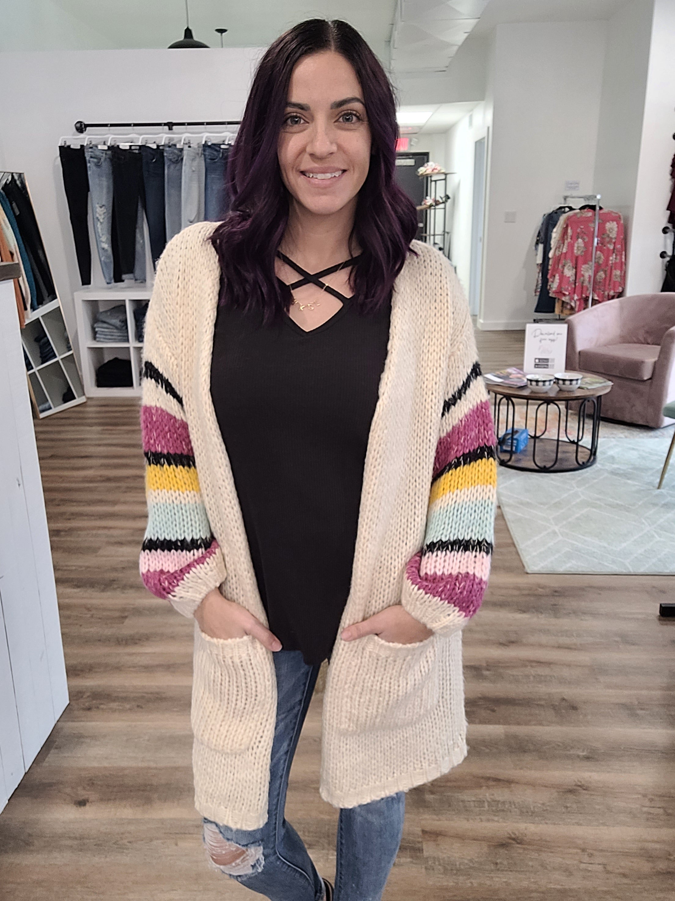 Shop Camryn Striped Sleeve Cardigan-Cardigan at Ruby Joy Boutique, a Women's Clothing Store in Pickerington, Ohio