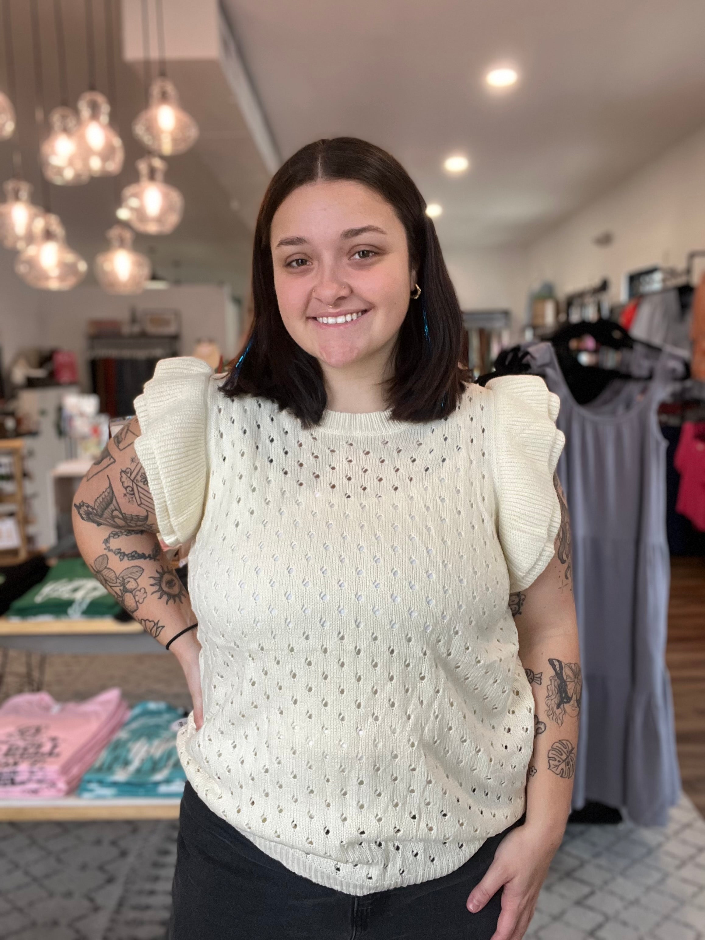 Shop Casey Ruffle Sleeve Sweater Vest - Ivory-Sweater at Ruby Joy Boutique, a Women's Clothing Store in Pickerington, Ohio