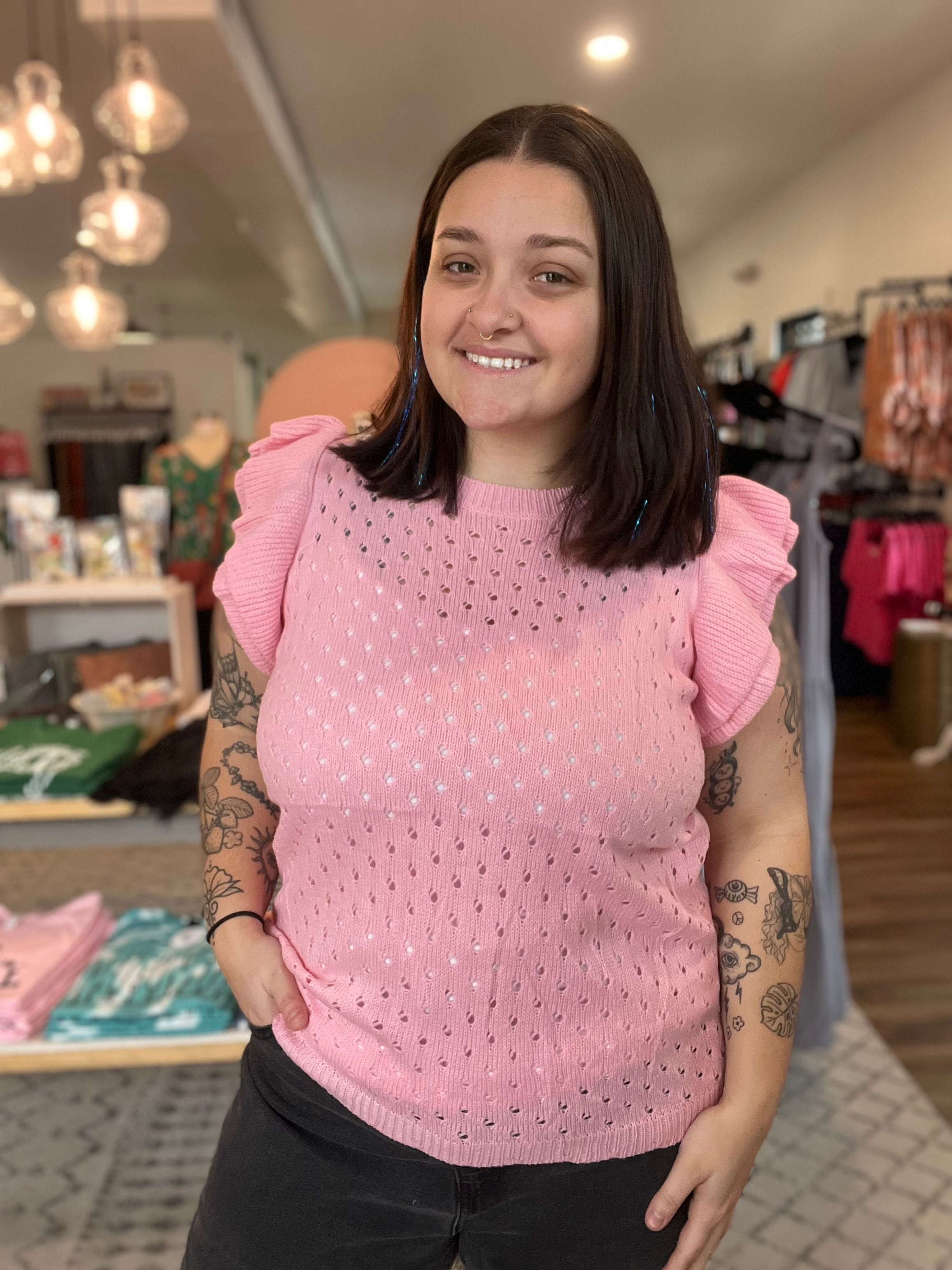 Shop Casey Ruffle Sleeve Sweater Vest - Pink-Sweater at Ruby Joy Boutique, a Women's Clothing Store in Pickerington, Ohio