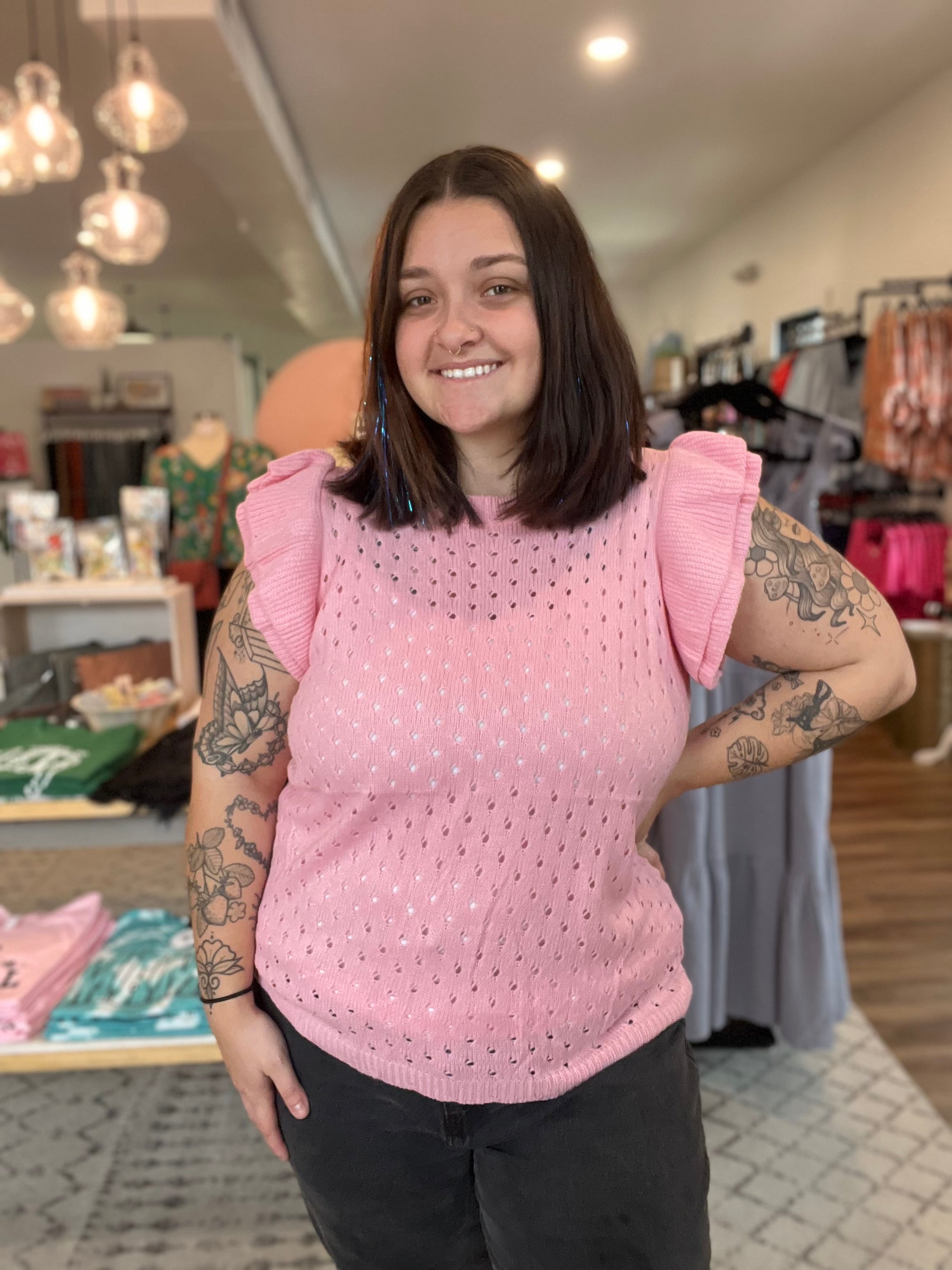 Shop Casey Ruffle Sleeve Sweater Vest - Pink-Sweater at Ruby Joy Boutique, a Women's Clothing Store in Pickerington, Ohio