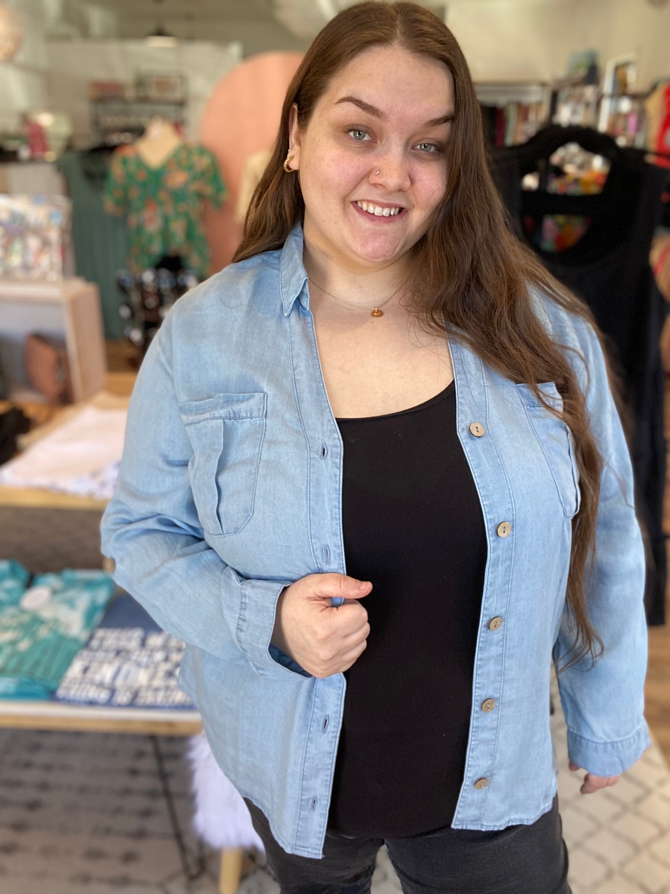 Shop Chambray V-neck Button Down Shirt-Shirts & Tops at Ruby Joy Boutique, a Women's Clothing Store in Pickerington, Ohio