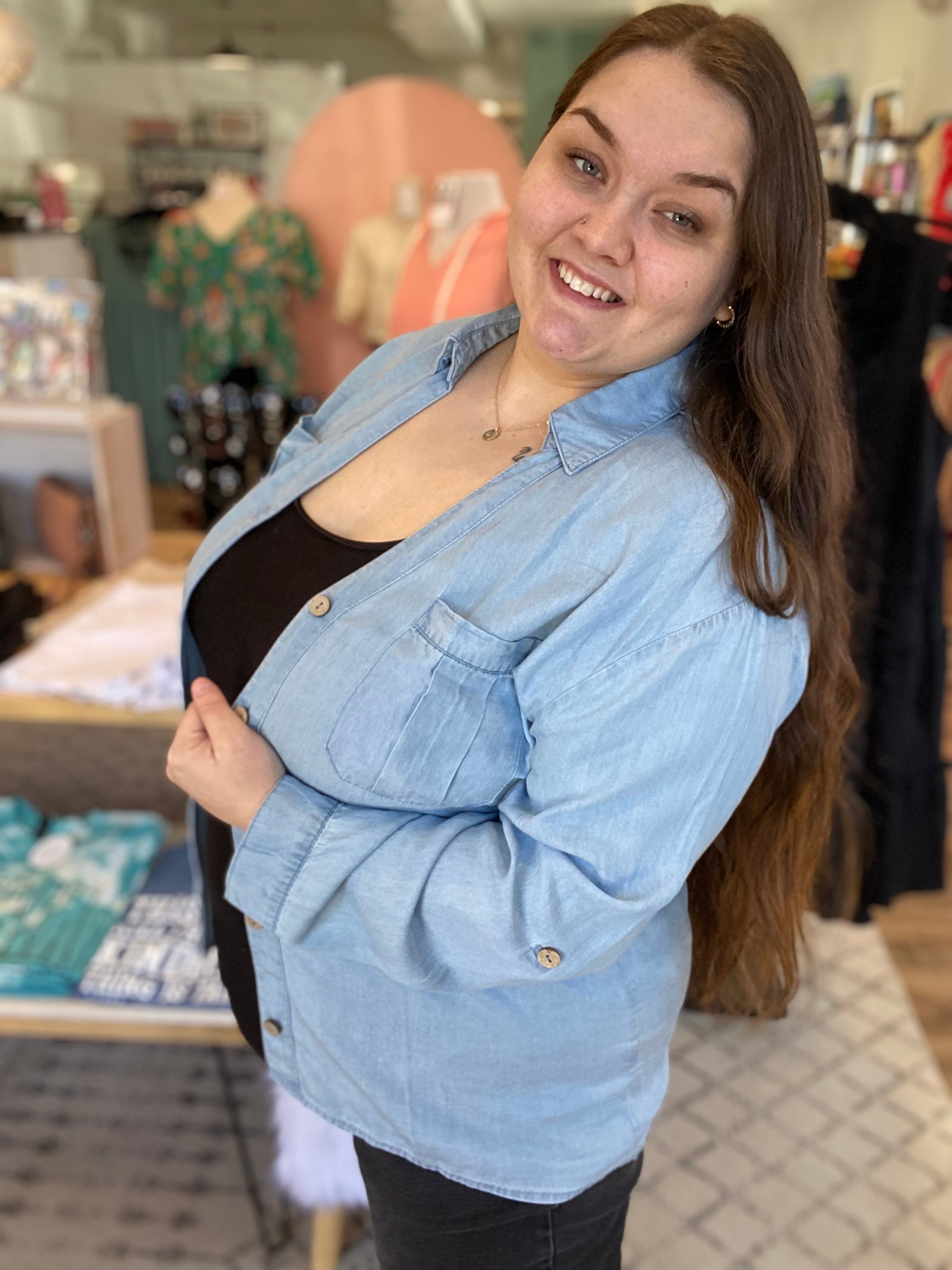 Shop Chambray V-neck Button Down Shirt-Shirts & Tops at Ruby Joy Boutique, a Women's Clothing Store in Pickerington, Ohio