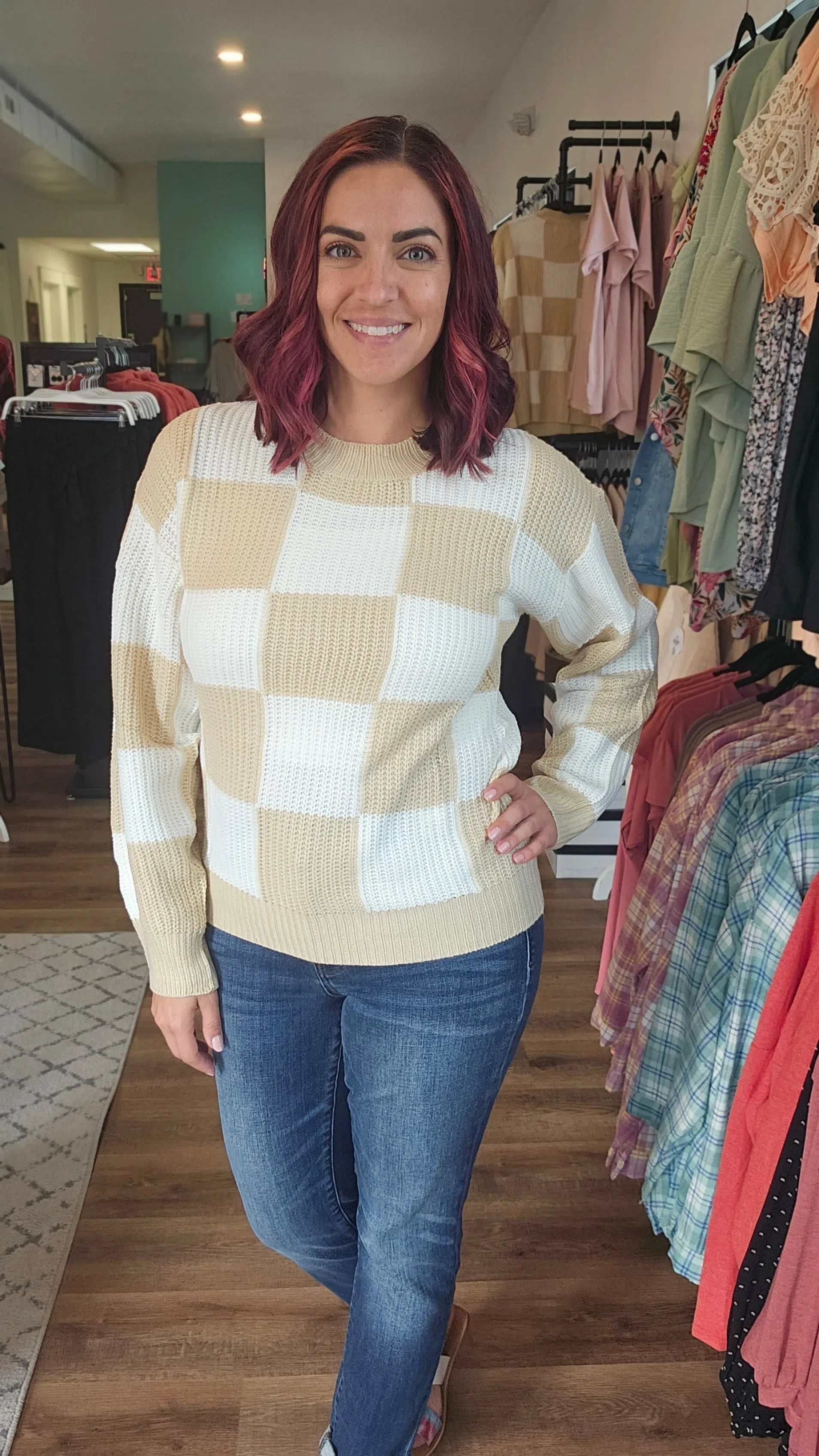 Shop Check Yes Sweater-Sweater at Ruby Joy Boutique, a Women's Clothing Store in Pickerington, Ohio