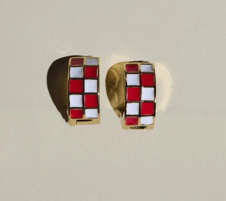 Shop Checkered Enamel Huggie Earrings-Earrings at Ruby Joy Boutique, a Women's Clothing Store in Pickerington, Ohio