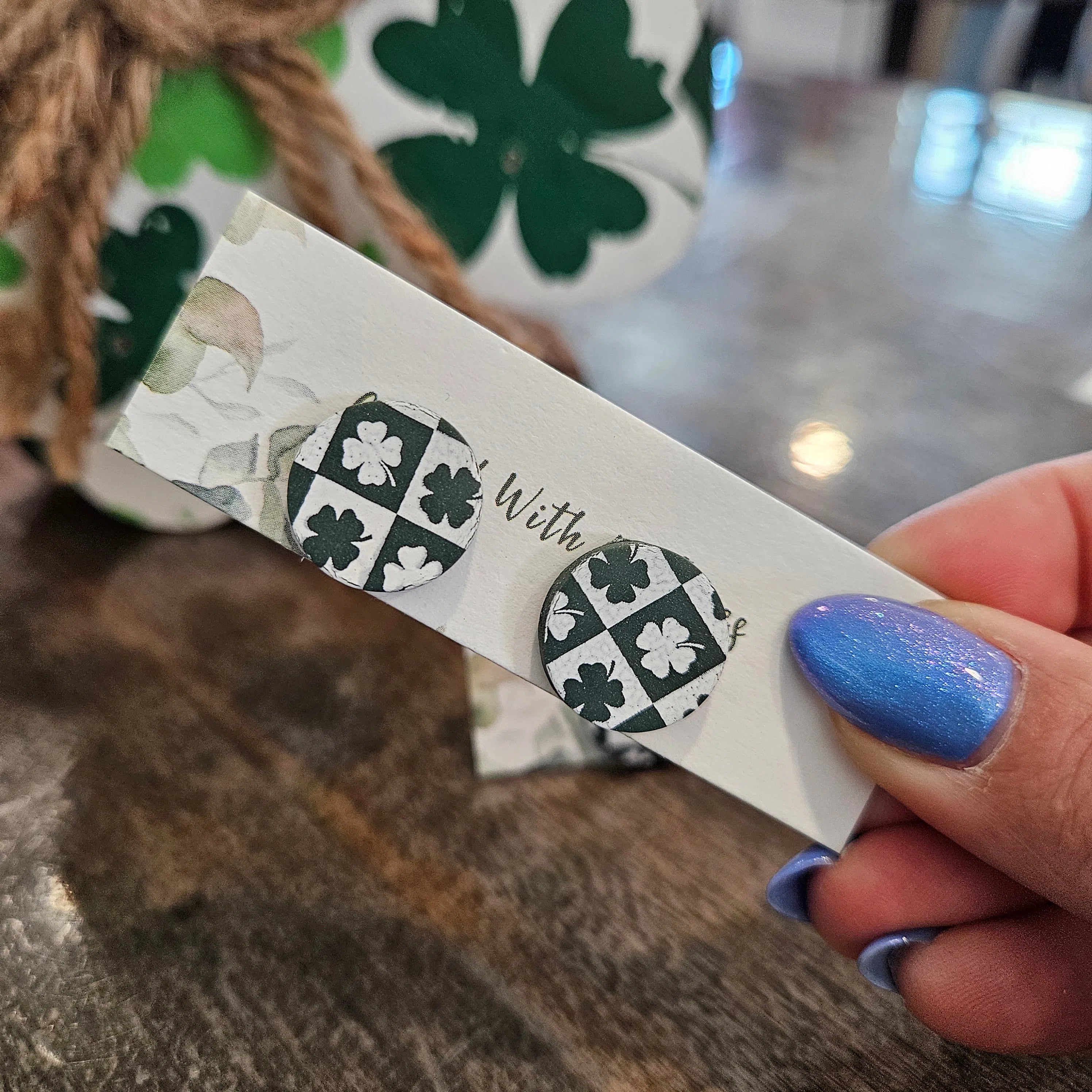 Shop Checkered Shamrock Stud Earrings- at Ruby Joy Boutique, a Women's Clothing Store in Pickerington, Ohio