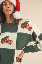 Shop Checkered Sweater with Christmas Tree Truck Sequin Patch- at Ruby Joy Boutique, a Women's Clothing Store in Pickerington, Ohio