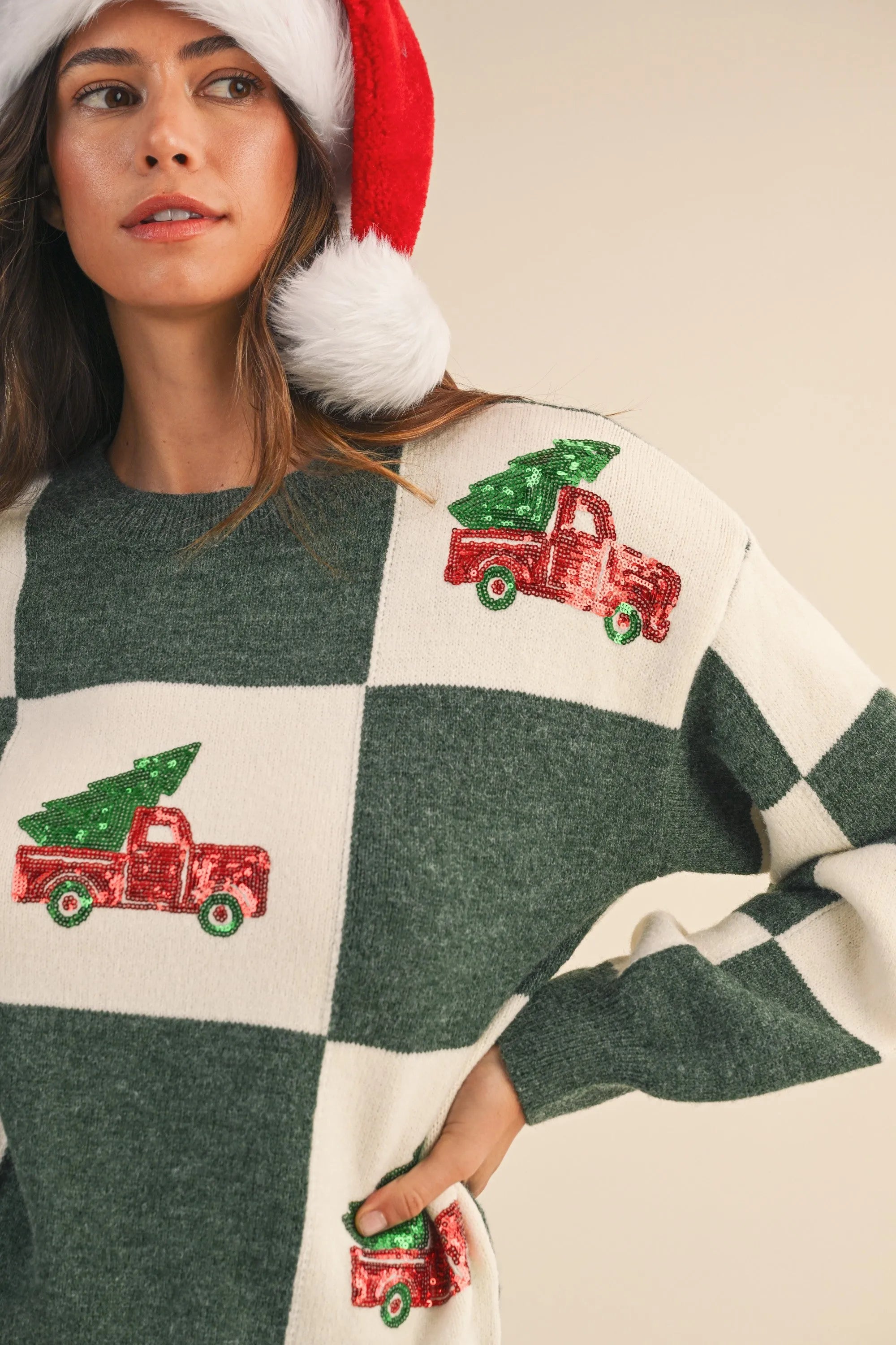 Shop Checkered Sweater with Christmas Tree Truck Sequin Patch- at Ruby Joy Boutique, a Women's Clothing Store in Pickerington, Ohio