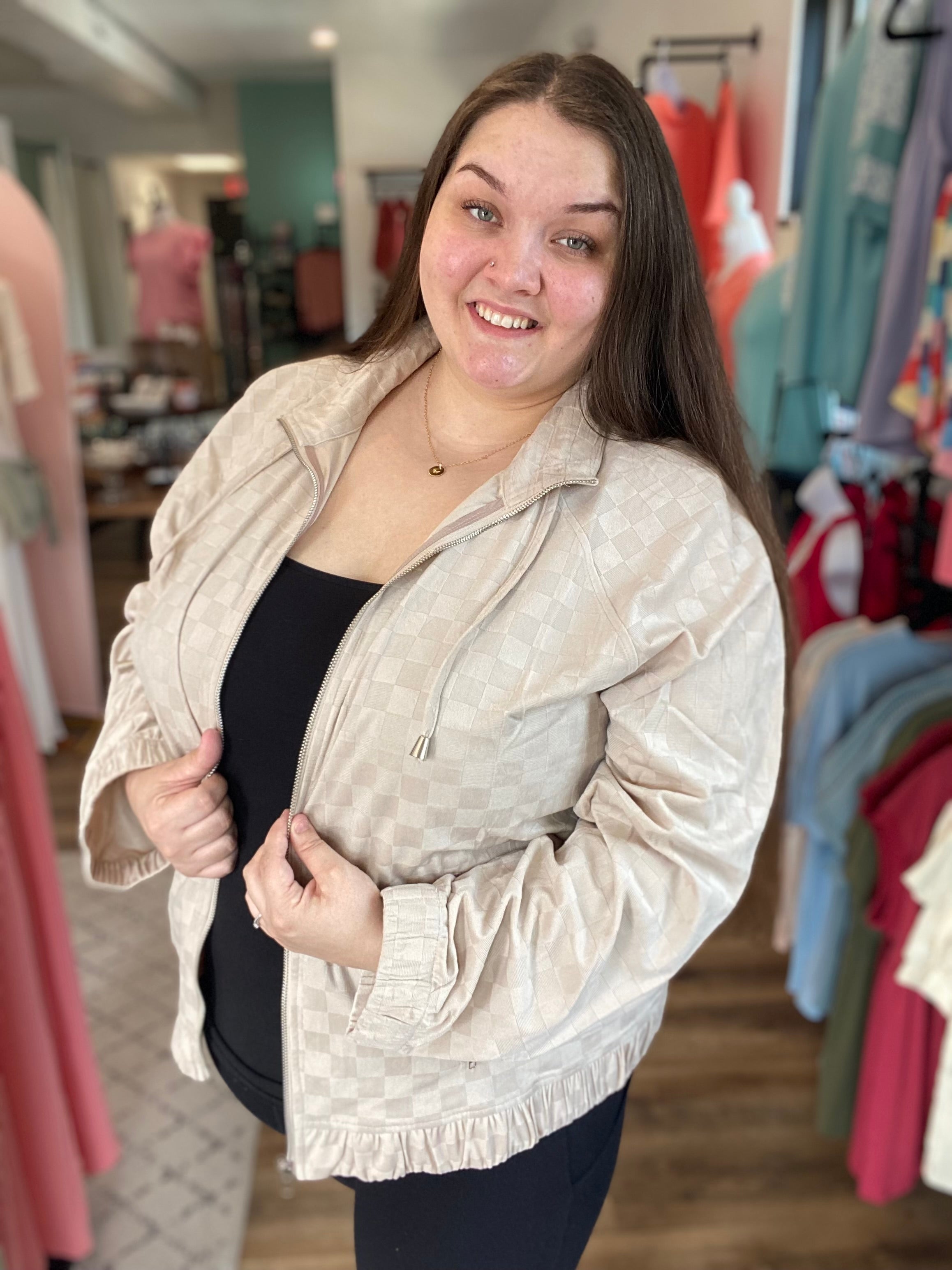 Shop Checkered Velvet Bomber Jacket-Jacket at Ruby Joy Boutique, a Women's Clothing Store in Pickerington, Ohio