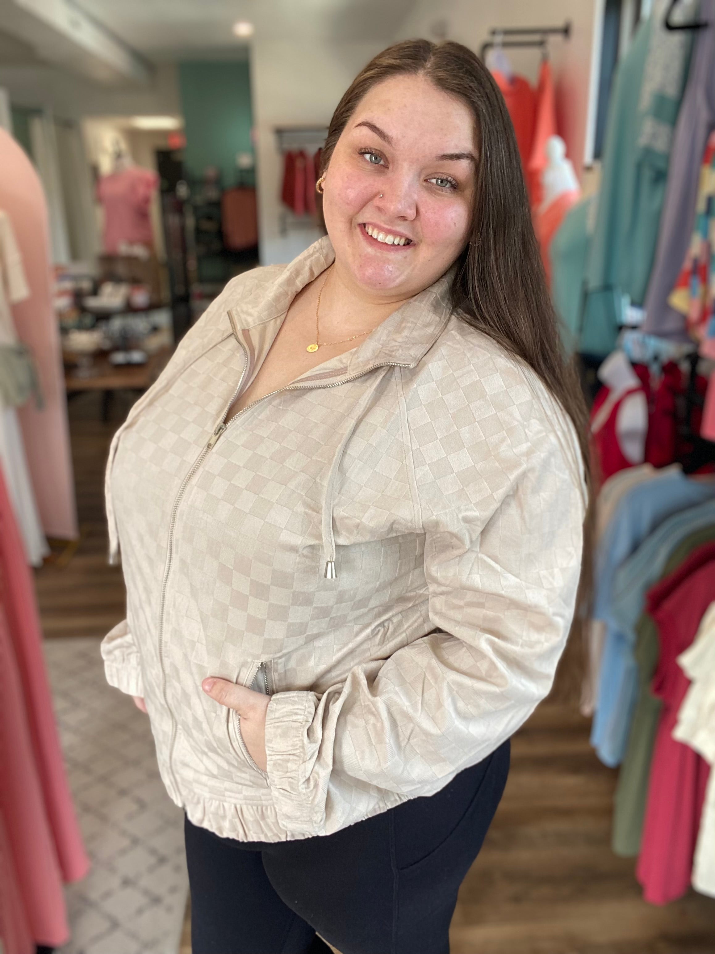 Shop Checkered Velvet Bomber Jacket-Jacket at Ruby Joy Boutique, a Women's Clothing Store in Pickerington, Ohio