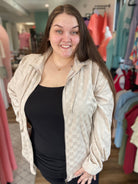 Shop Checkered Velvet Bomber Jacket-Jacket at Ruby Joy Boutique, a Women's Clothing Store in Pickerington, Ohio