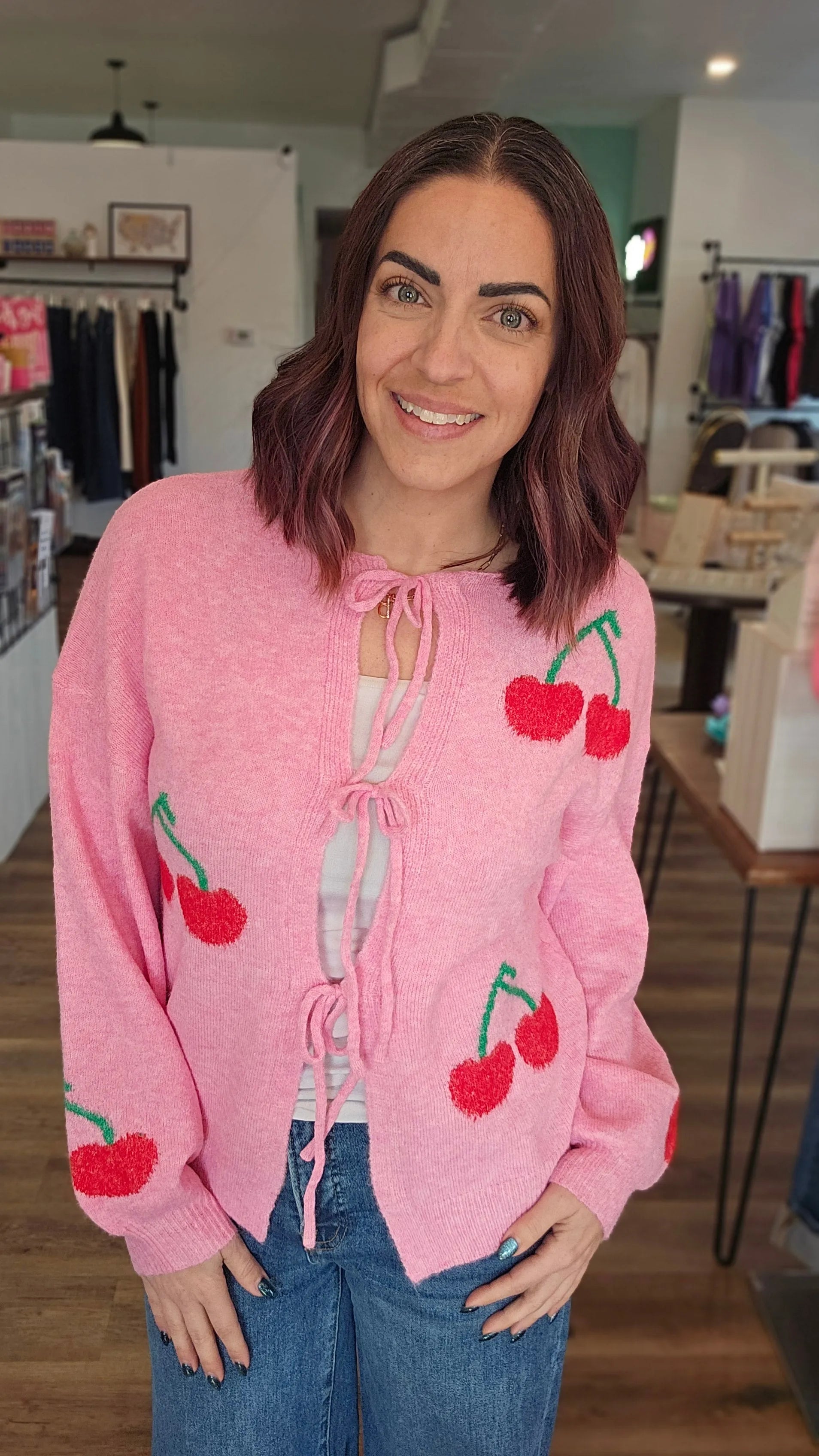 Shop Cherry Tie Detail Cardigan- at Ruby Joy Boutique, a Women's Clothing Store in Pickerington, Ohio