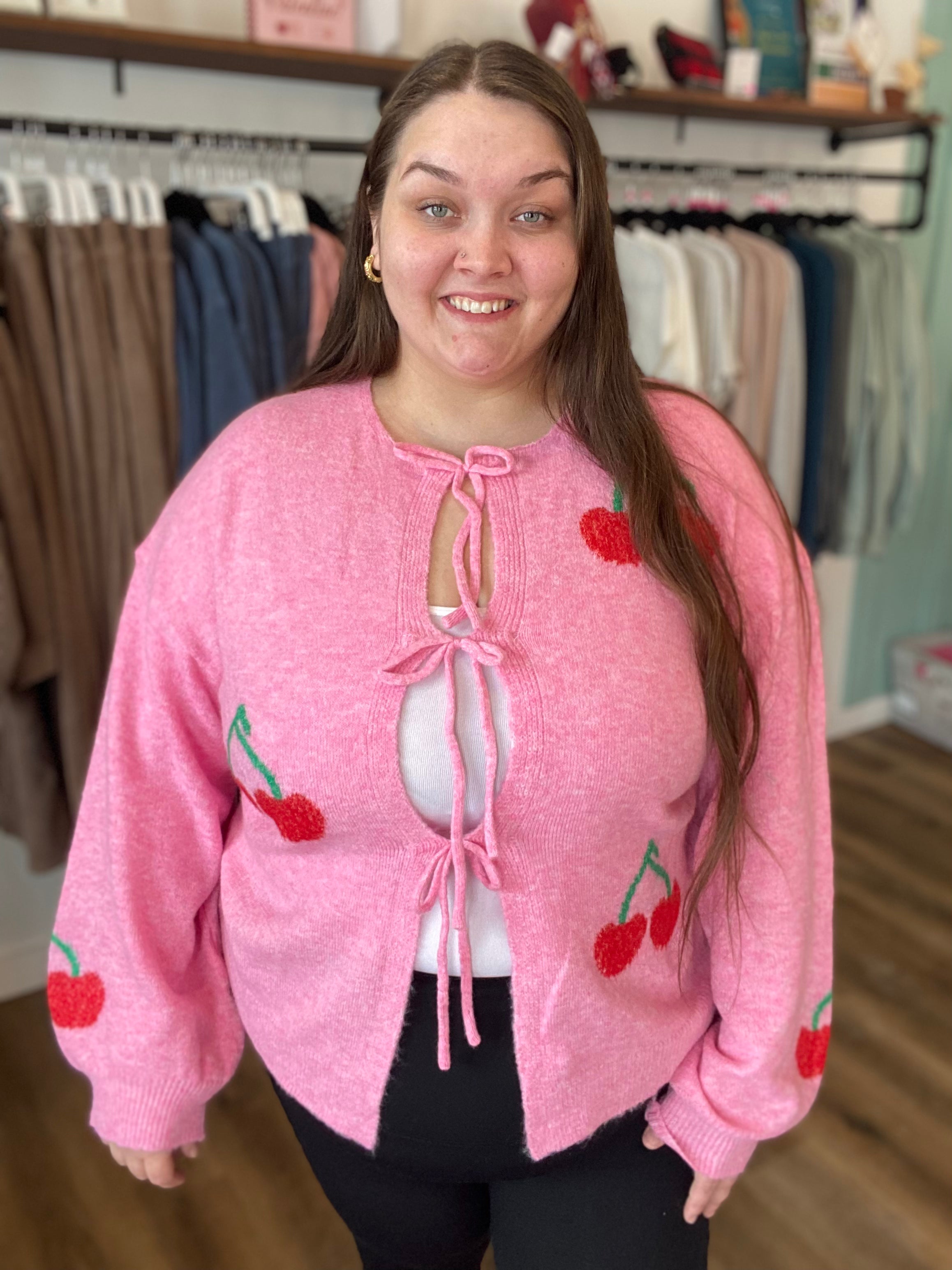 Shop Cherry Tie Detail Cardigan- at Ruby Joy Boutique, a Women's Clothing Store in Pickerington, Ohio