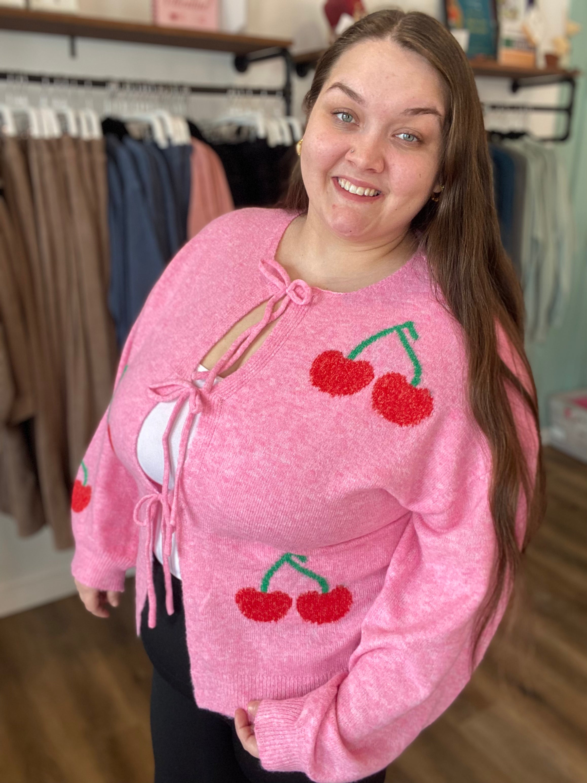 Shop Cherry Tie Detail Cardigan- at Ruby Joy Boutique, a Women's Clothing Store in Pickerington, Ohio