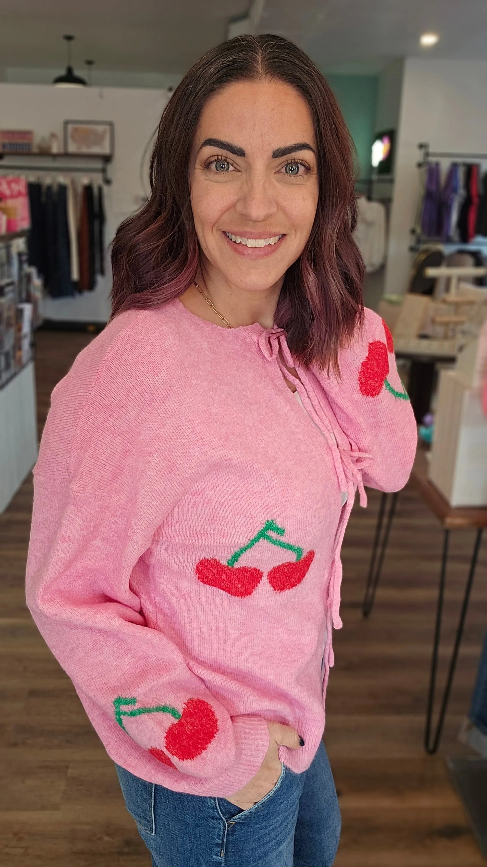Shop Cherry Tie Detail Cardigan- at Ruby Joy Boutique, a Women's Clothing Store in Pickerington, Ohio