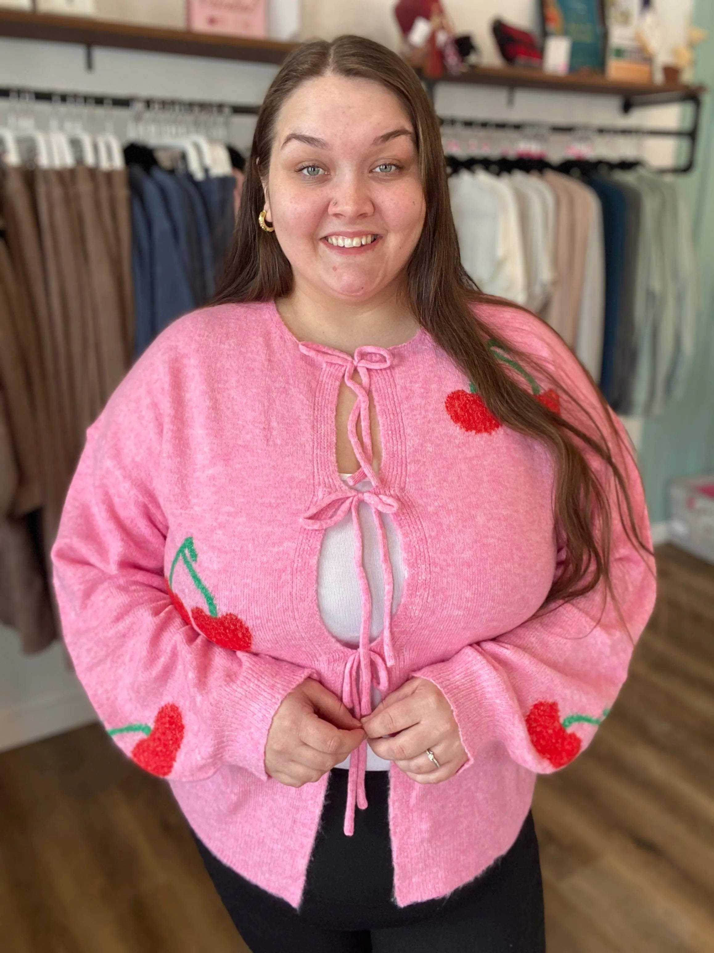 Shop Cherry Tie Detail Cardigan- at Ruby Joy Boutique, a Women's Clothing Store in Pickerington, Ohio