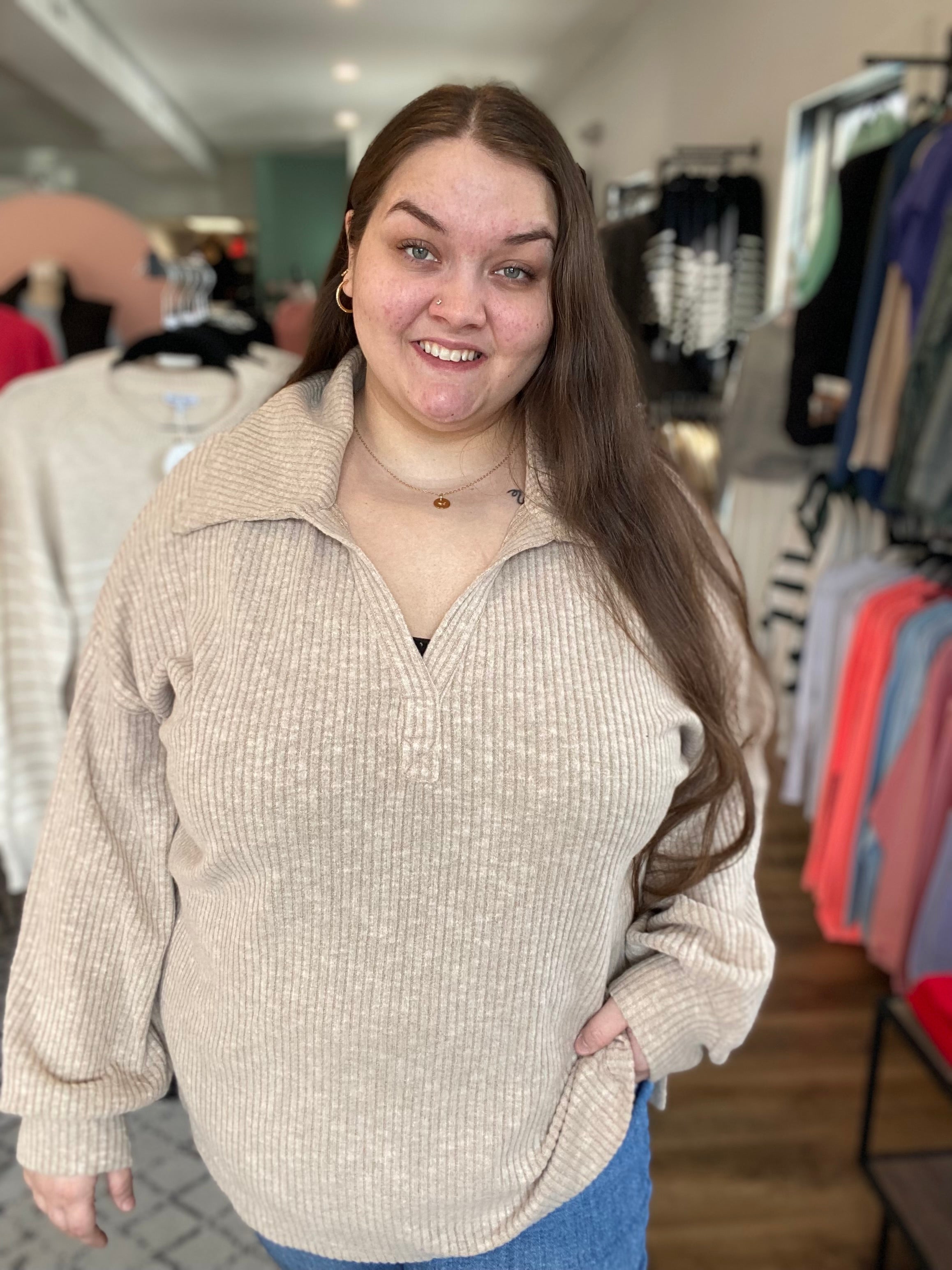 Shop Claire Top - Taupe-XL at Ruby Joy Boutique, a Women's Clothing Store in Pickerington, Ohio