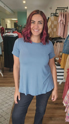 Shop Clara Scoop Neck Tee - Slate Blue-Shirts at Ruby Joy Boutique, a Women's Clothing Store in Pickerington, Ohio