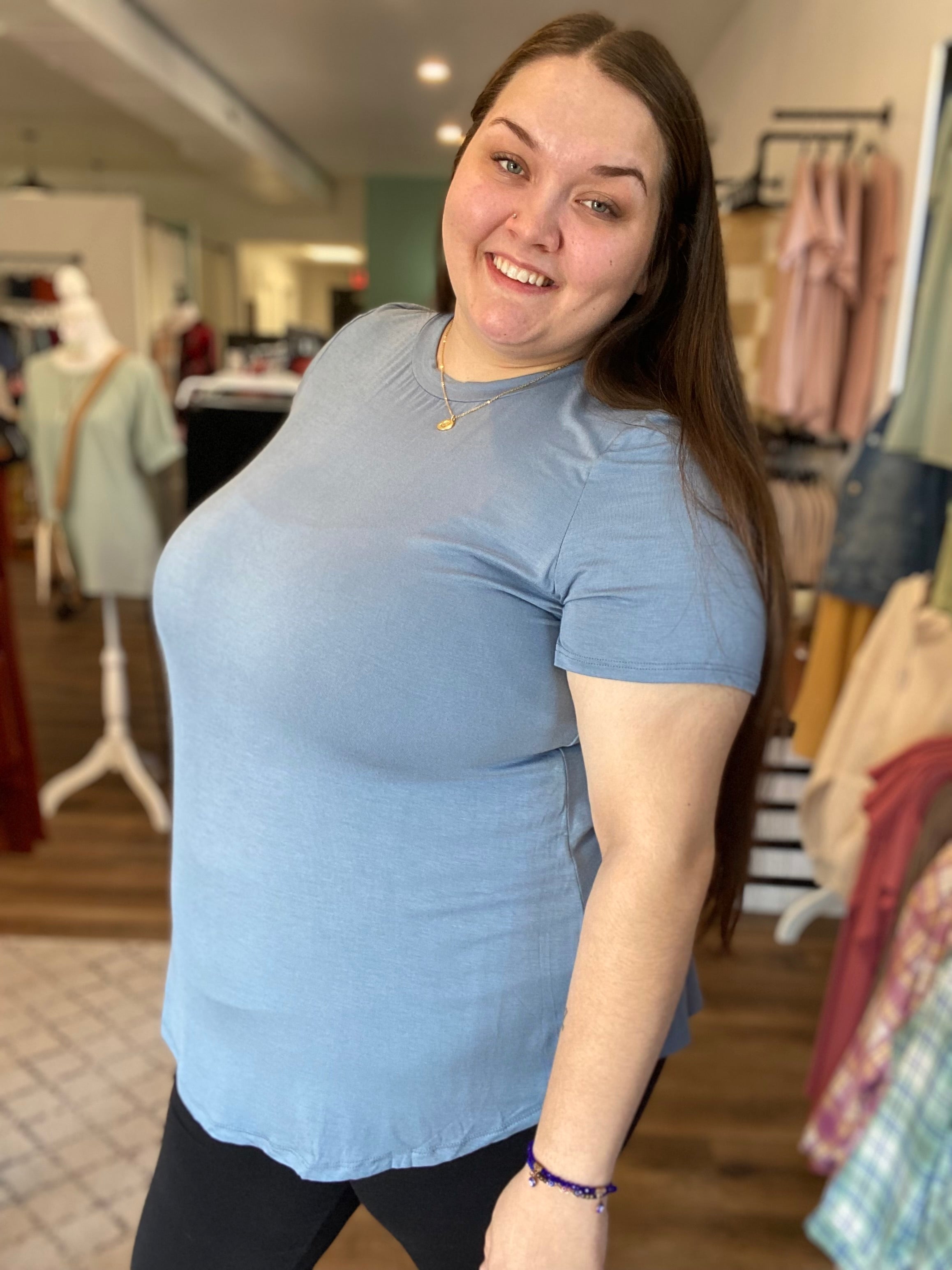 Shop Clara Scoop Neck Tee - Slate Blue-Shirts at Ruby Joy Boutique, a Women's Clothing Store in Pickerington, Ohio