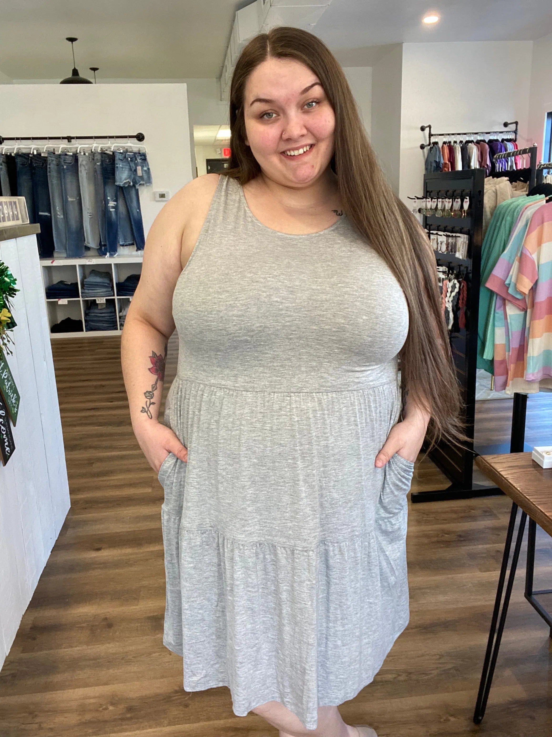 Shop Classic Gray Day Dress with Pockets-Dresses at Ruby Joy Boutique, a Women's Clothing Store in Pickerington, Ohio