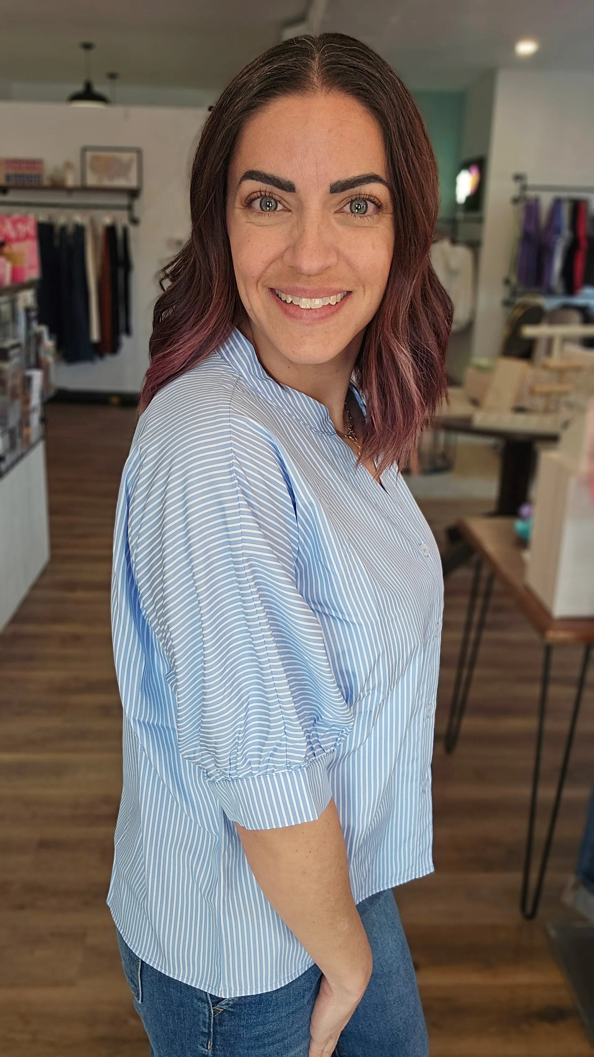 Shop Coastal Chic Pinstripe Blouse- at Ruby Joy Boutique, a Women's Clothing Store in Pickerington, Ohio