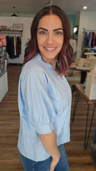 Shop Coastal Chic Pinstripe Blouse- at Ruby Joy Boutique, a Women's Clothing Store in Pickerington, Ohio